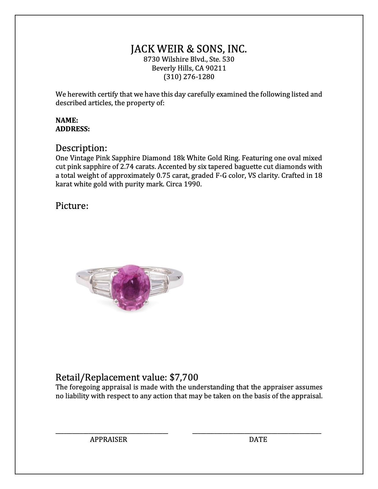 Vintage Pink Sapphire Diamond 18k White Gold Ring For Sale 1