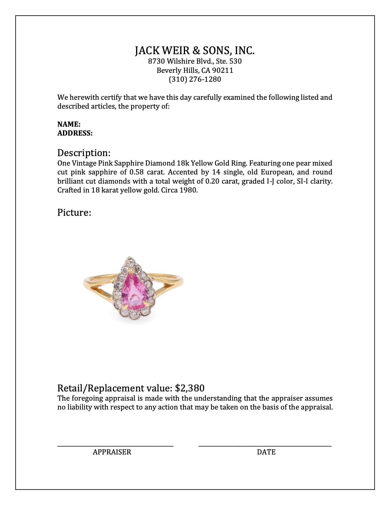 Bague vintage en or jaune 18 carats avec saphir rose et diamants Unisexe en vente