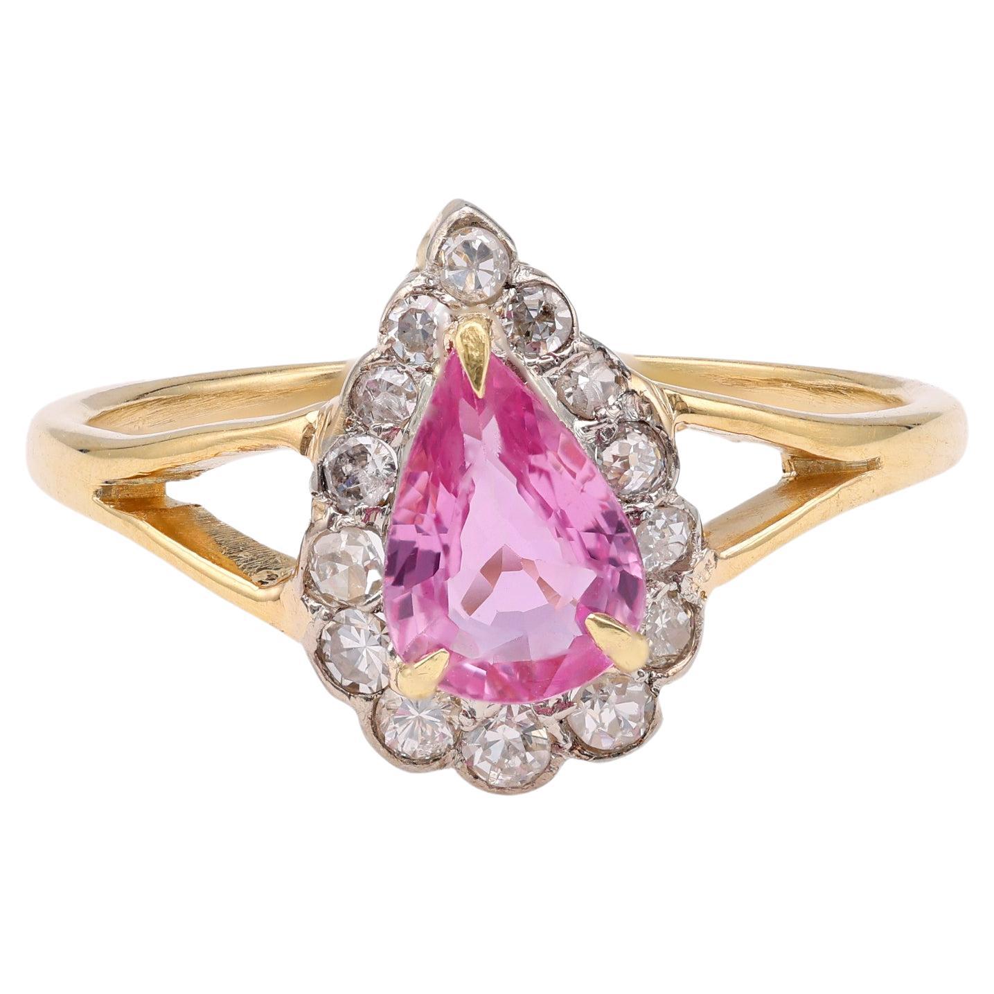 Vintage Pink Sapphire Diamond 18k Yellow Gold Ring For Sale