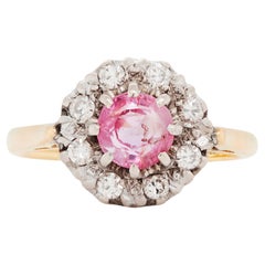 Vintage Pink Sapphire & Diamond Halo 18K Gold Coronet Cluster Engagement Ring