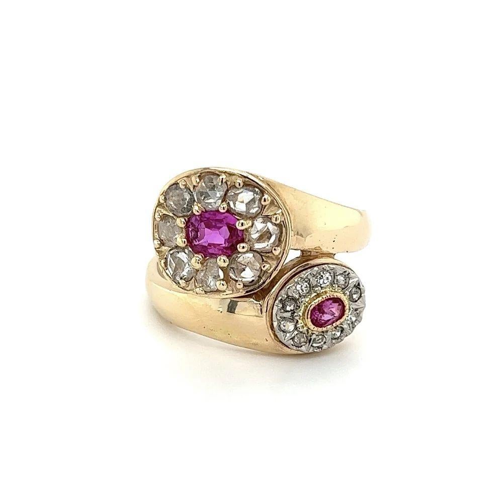 Modernist Vintage Pink Sapphire Rose Cut Diamond Moi et Toi Gold Bypass Ring For Sale