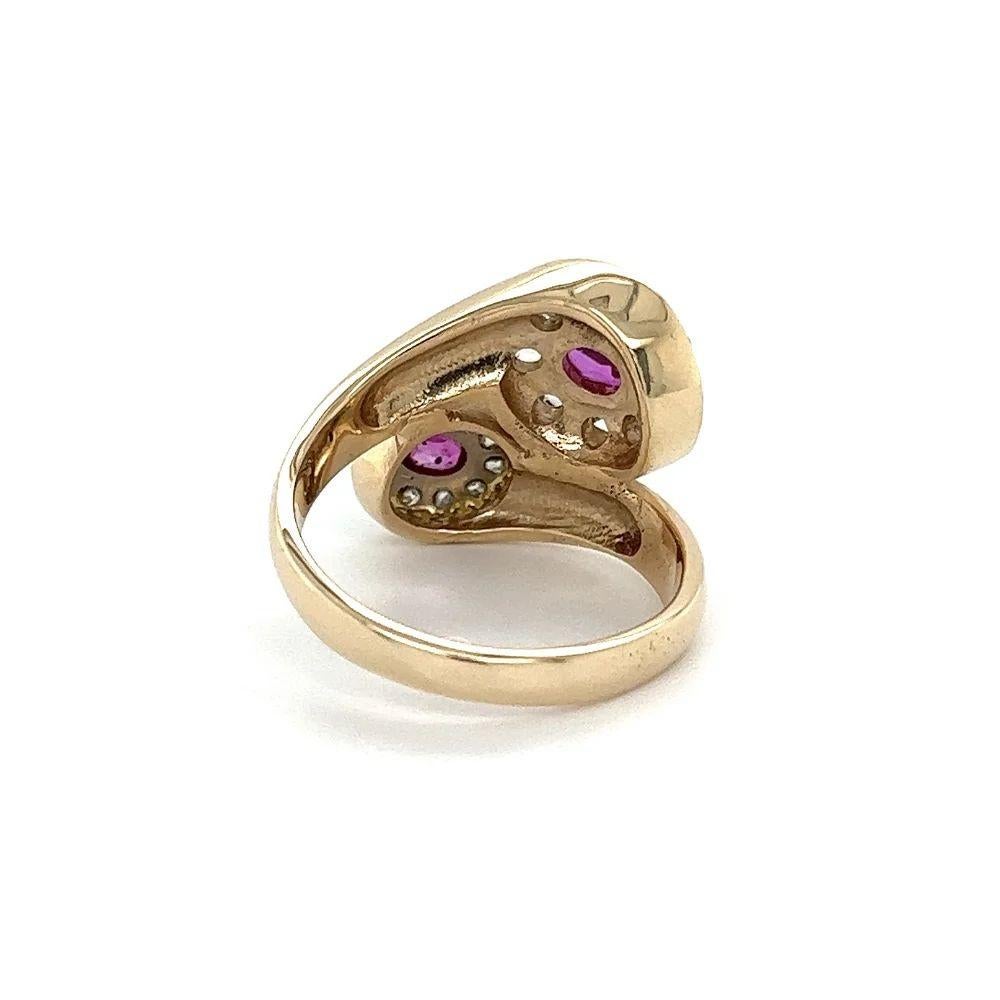 Mixed Cut Vintage Pink Sapphire Rose Cut Diamond Moi et Toi Gold Bypass Ring For Sale