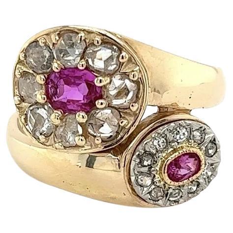 Bague bypass vintage Moi et Toi en or avec saphir rose et diamants taille rose