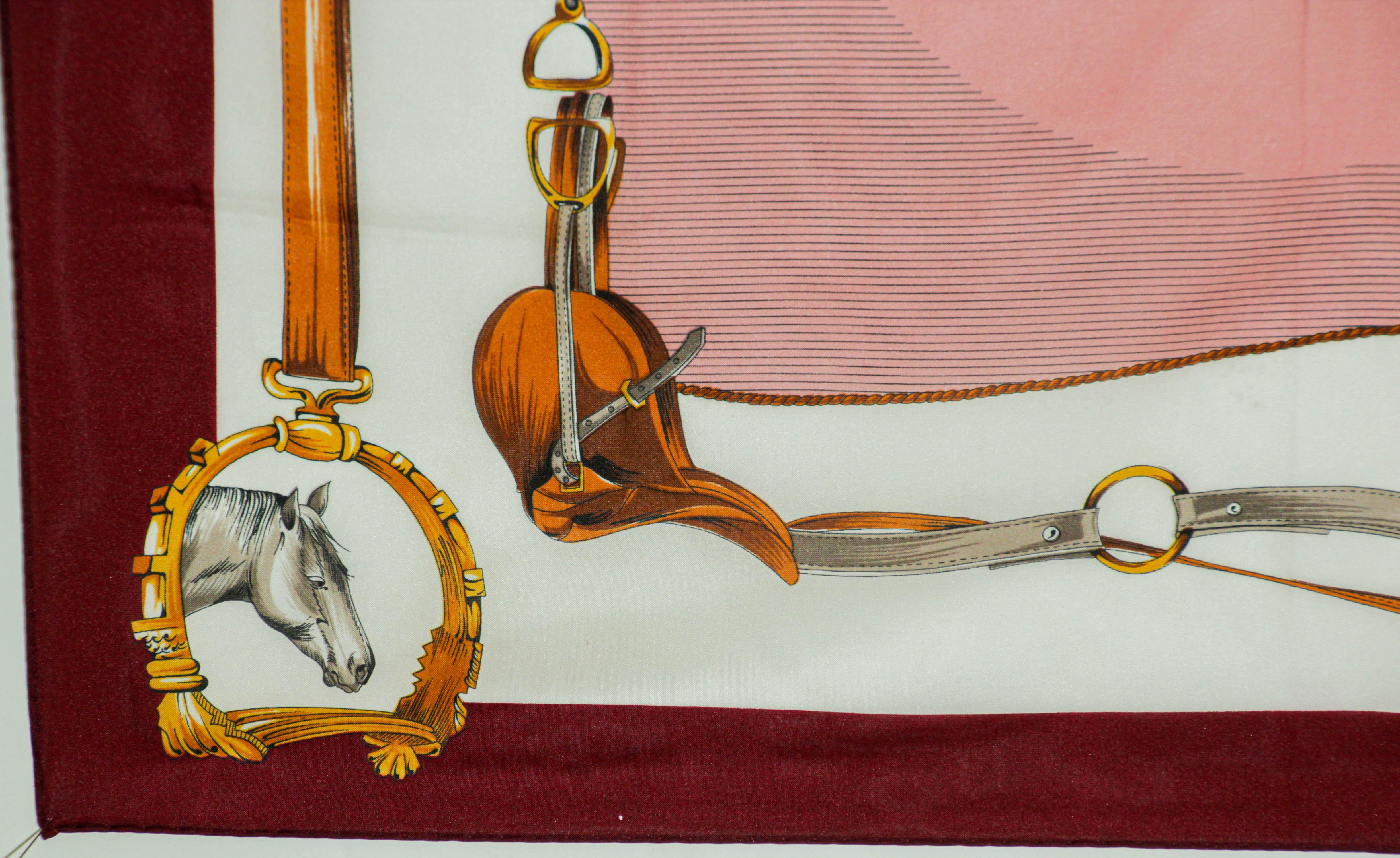 Vintage Pink Scarf with Equestrian Royal Horse Carriages Motif In Good Condition For Sale In North Hollywood, CA