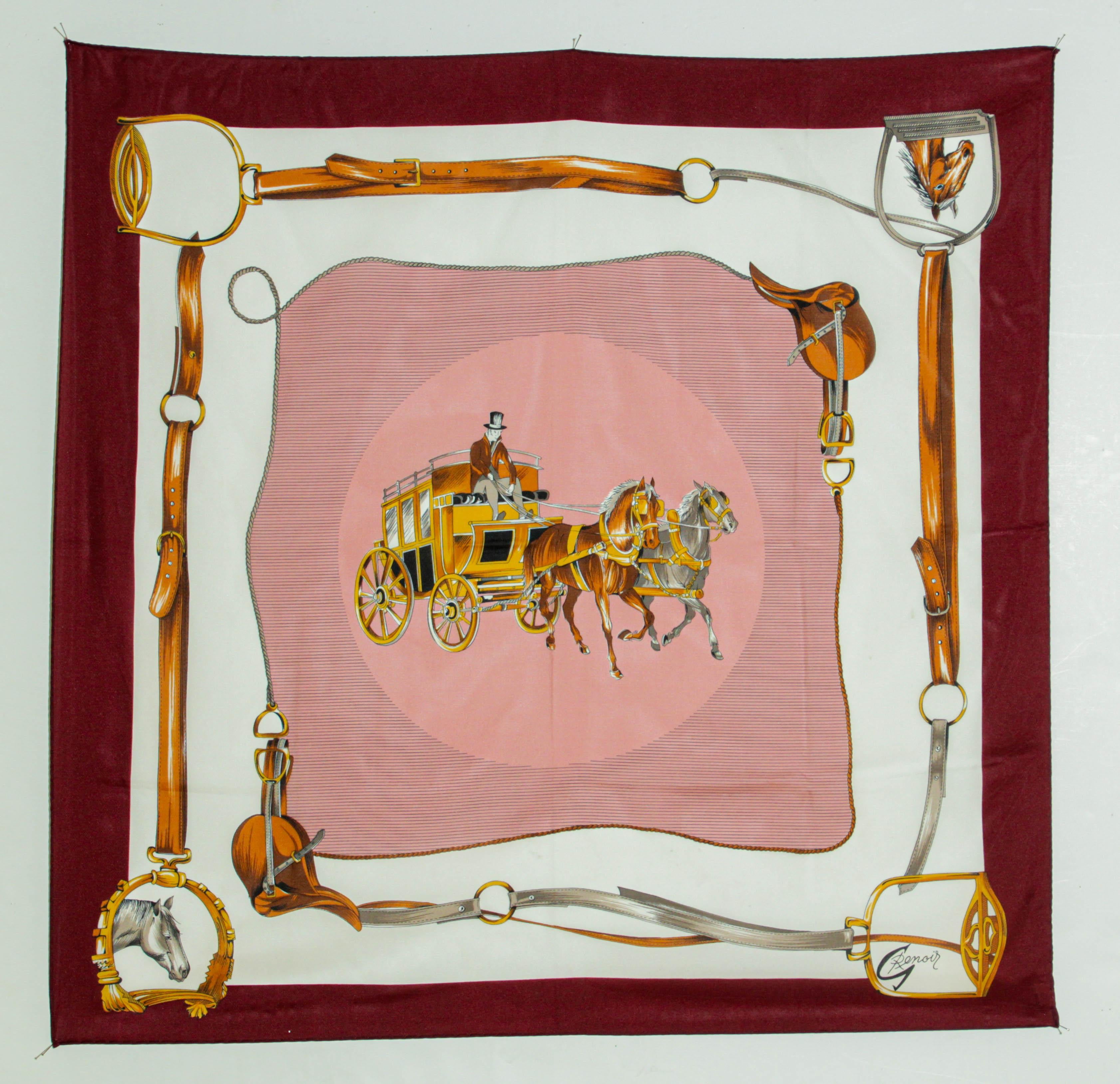 Vintage Pink Scarf with Equestrian Royal Horse Carriages Motif For Sale 3