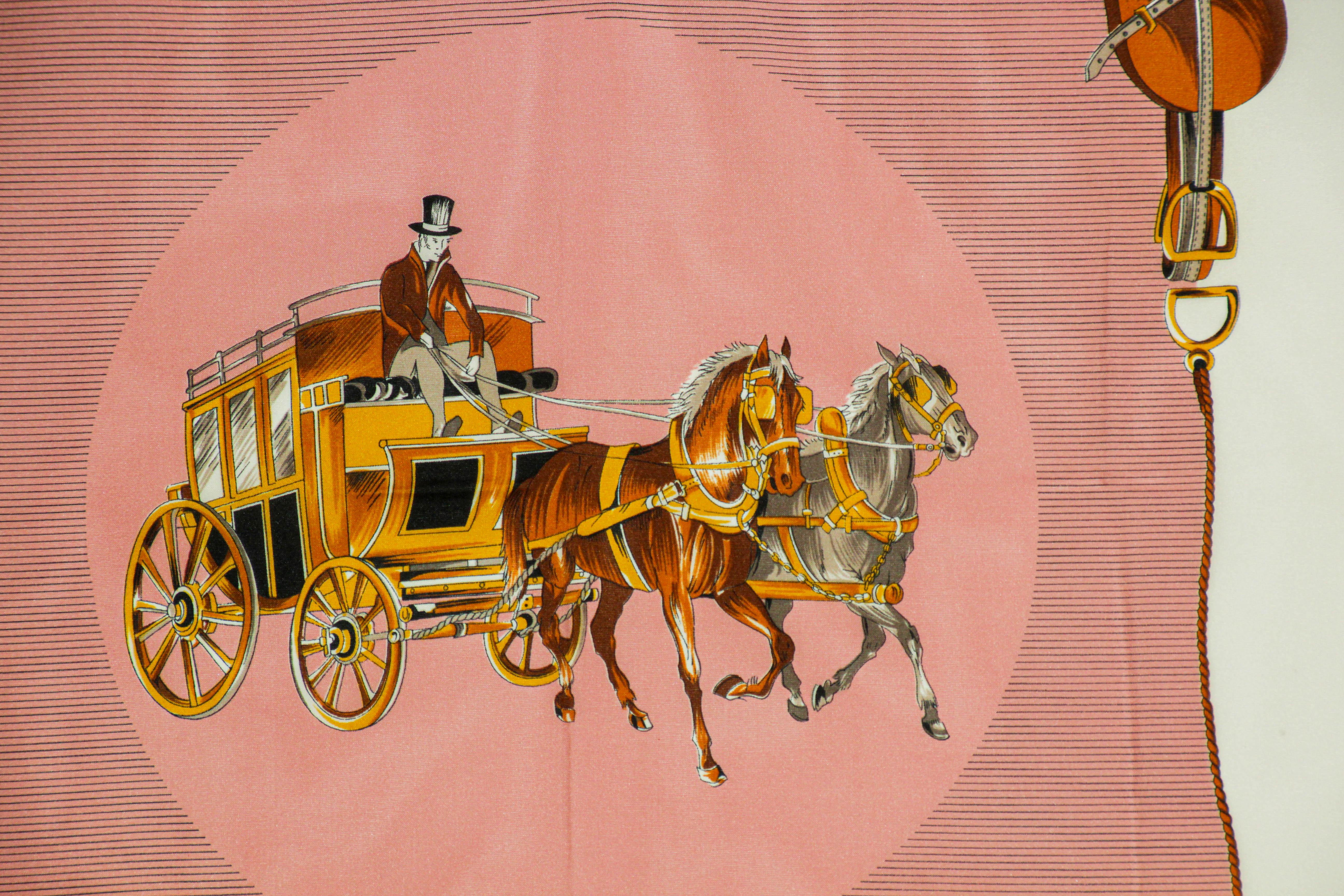 Vintage Pink Scarf with Equestrian Royal Horse Carriages Motif For Sale 4