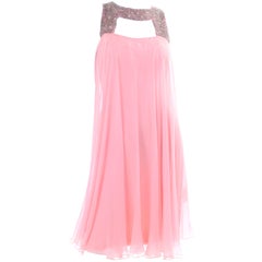 Vintage Pink Silk Chiffon Evening Dress With Beaded Collar & Cage Opening
