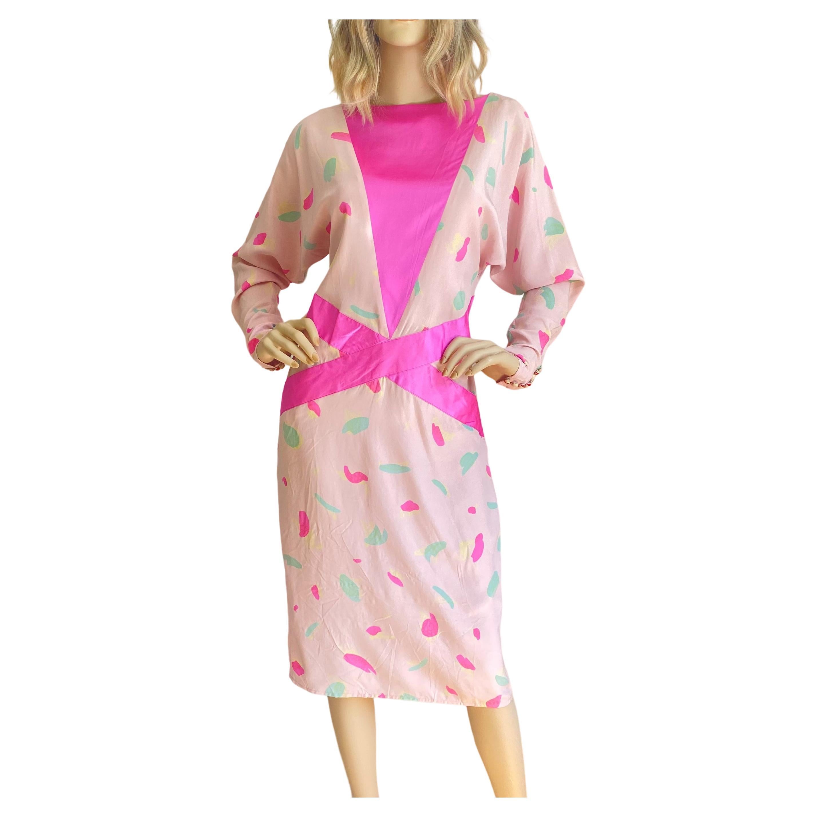 Vintage Pink Silk Print Dress with Pockets - Flora Kung  For Sale