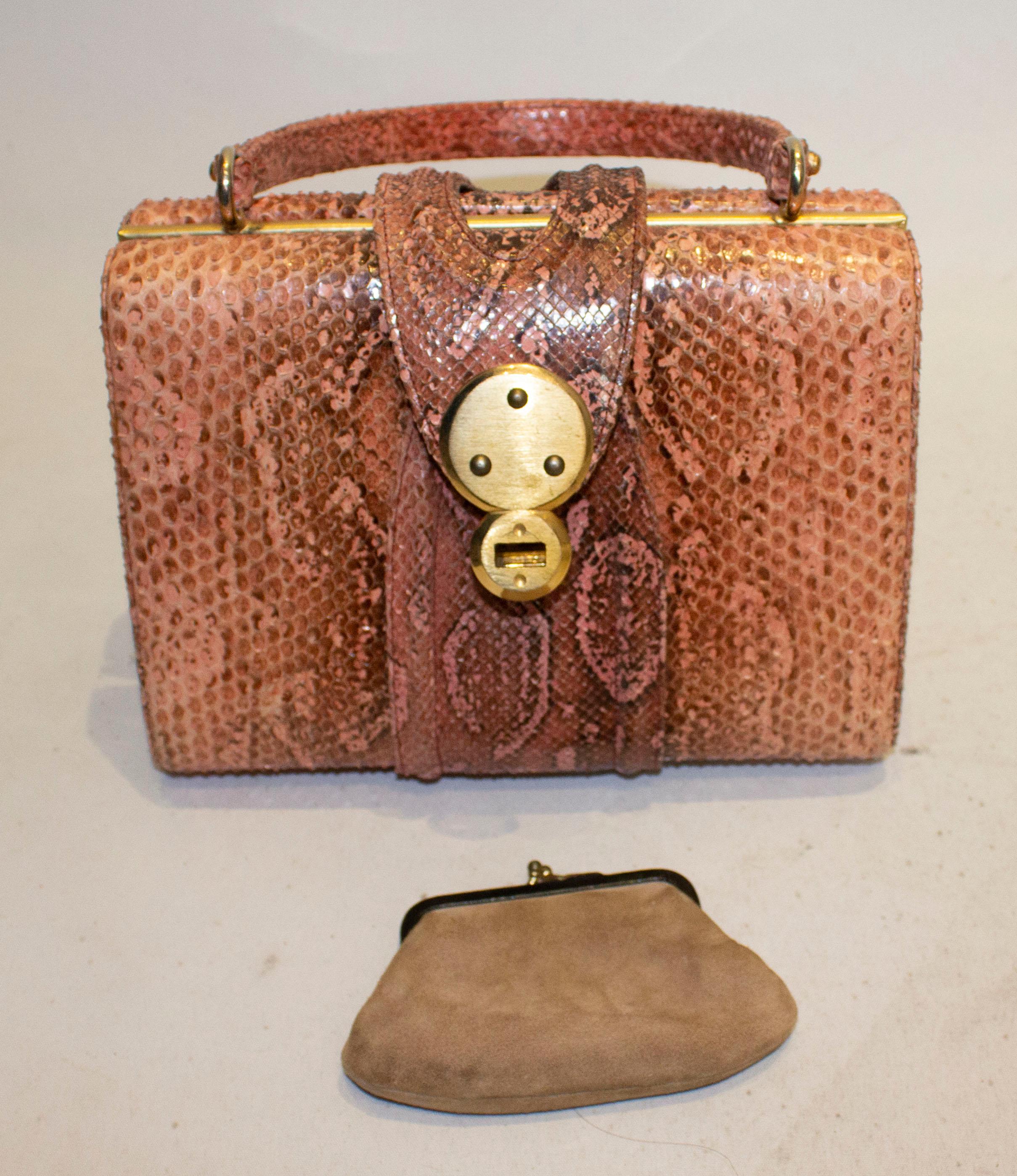 Brown Vintage Pink Snakeskin Top Handle Handbag For Sale