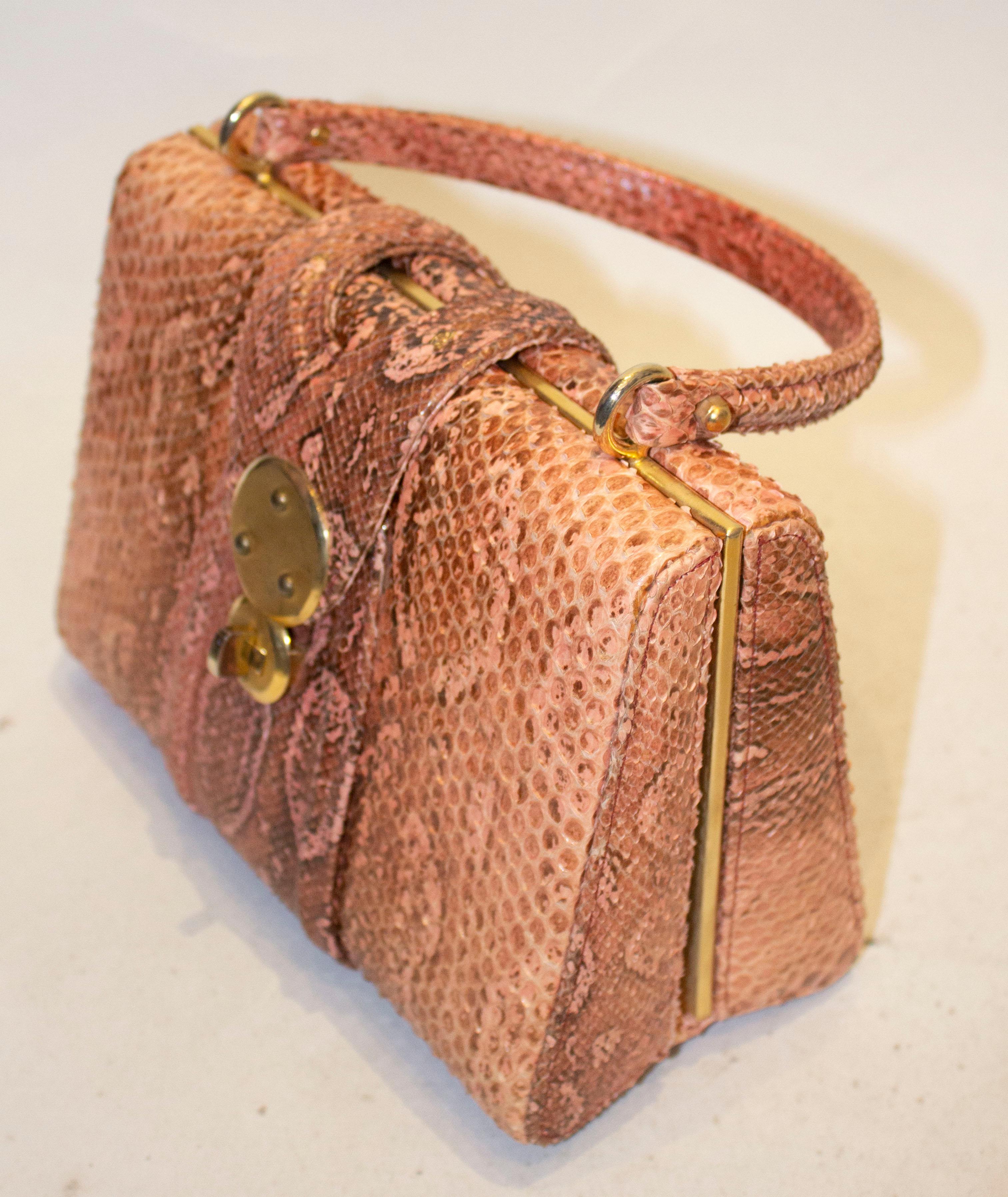 Vintage Pink Snakeskin Top Handle Handbag In Good Condition For Sale In London, GB
