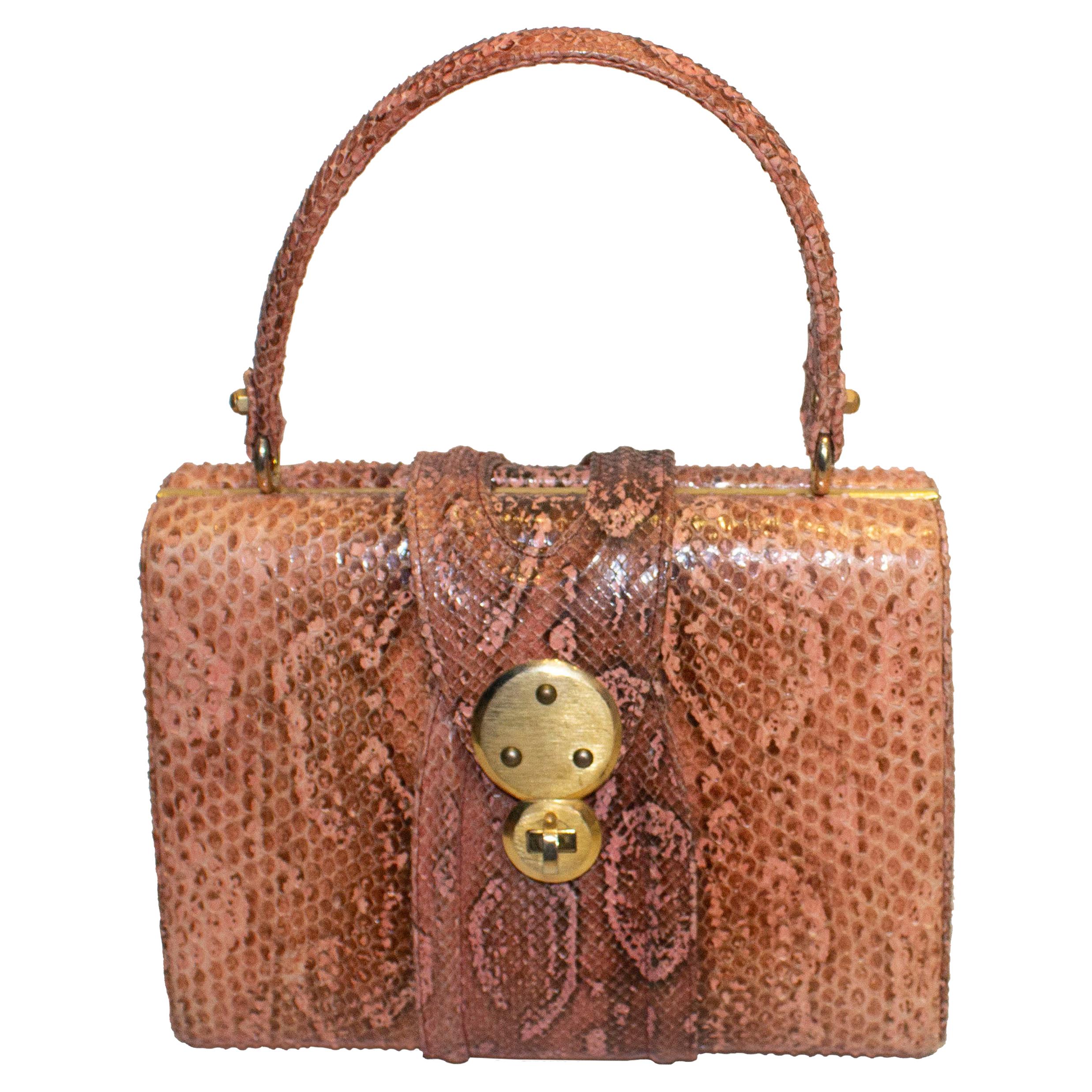 Vintage Pink Snakeskin Top Handle Handbag For Sale