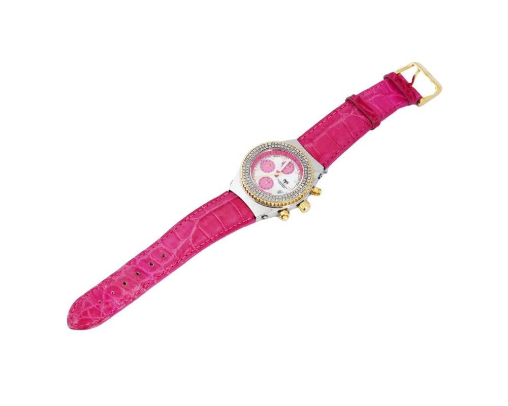 Round Cut Vintage Pink Technomarine Womens Chronograph Wristwatch Diamonds + MOP Dial For Sale