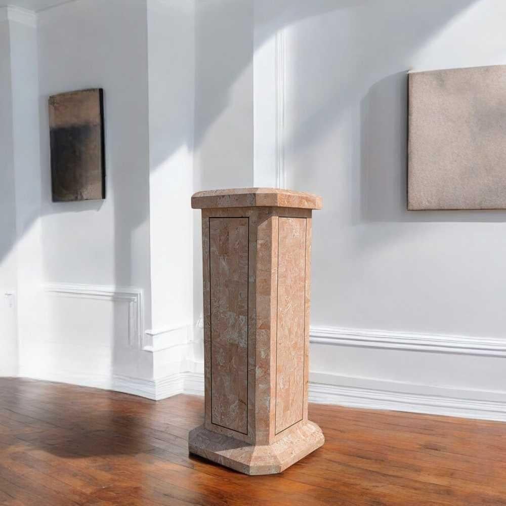 American Vintage Pink Tessellated Marble Pedestal, Sculptural Stand, Postmodern, c. 1980s For Sale