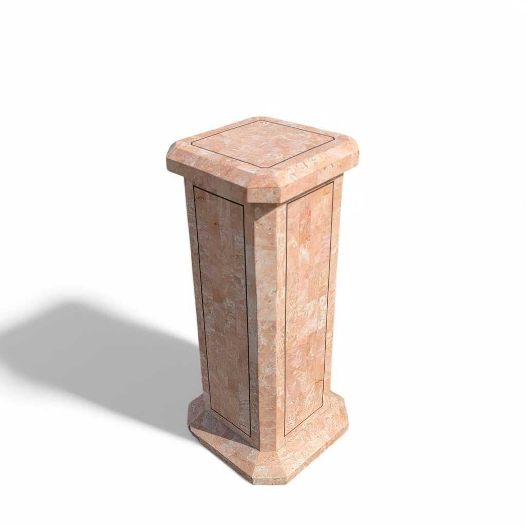 Carved Vintage Pink Tessellated Marble Pedestal, Sculptural Stand, Postmodern, c. 1980s For Sale
