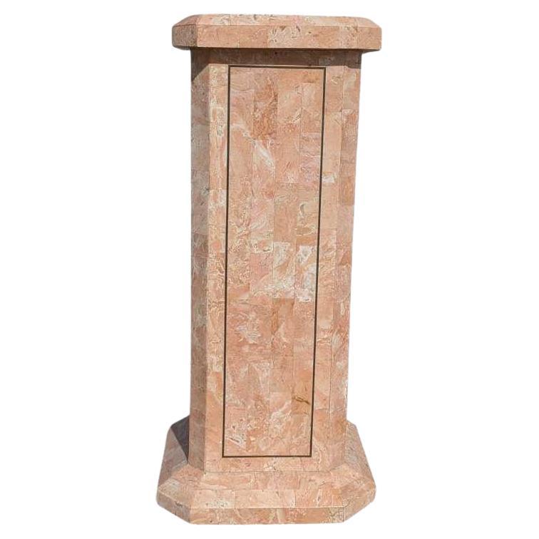 Vintage Pink Tessellated Marble Pedestal, Sculptural Stand, Postmodern, c. 1980s