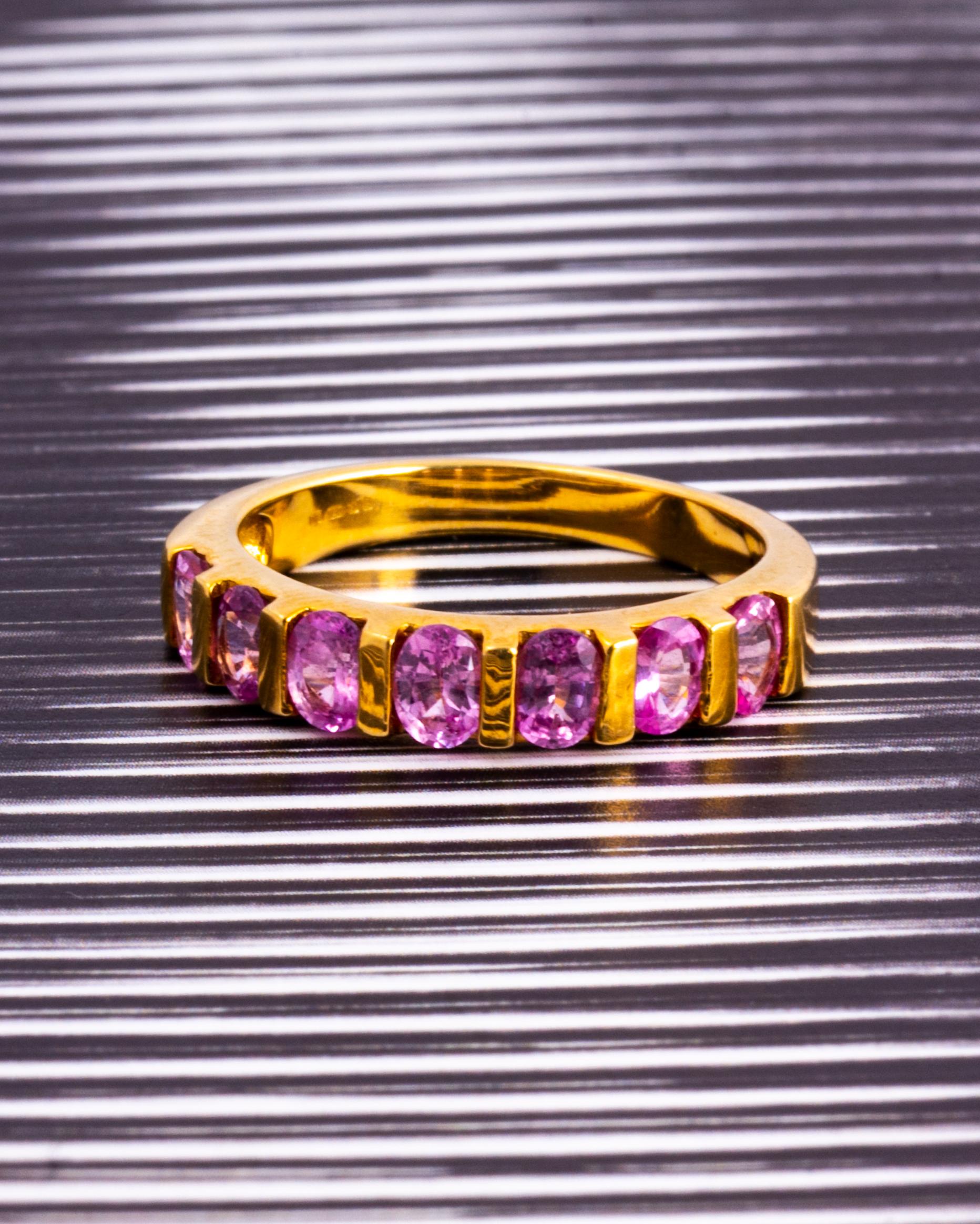 Oval Cut Vintage Pink Tourmaline and 18 Carat Gold Half Eternity Band For Sale