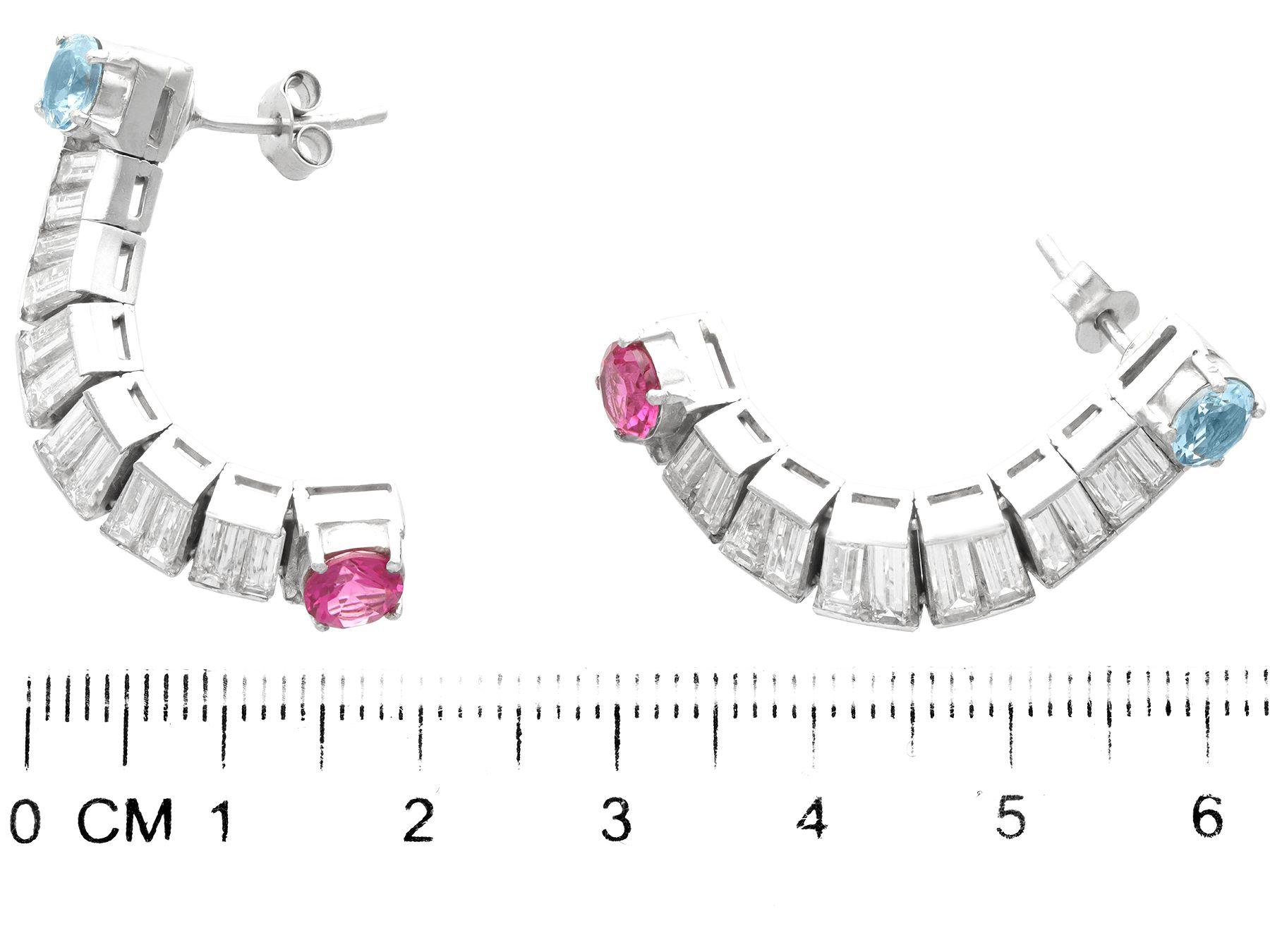 Vintage Pink Tourmaline & Aquamarine 4.10ct Diamond and Platinum Drop Earrings For Sale 2