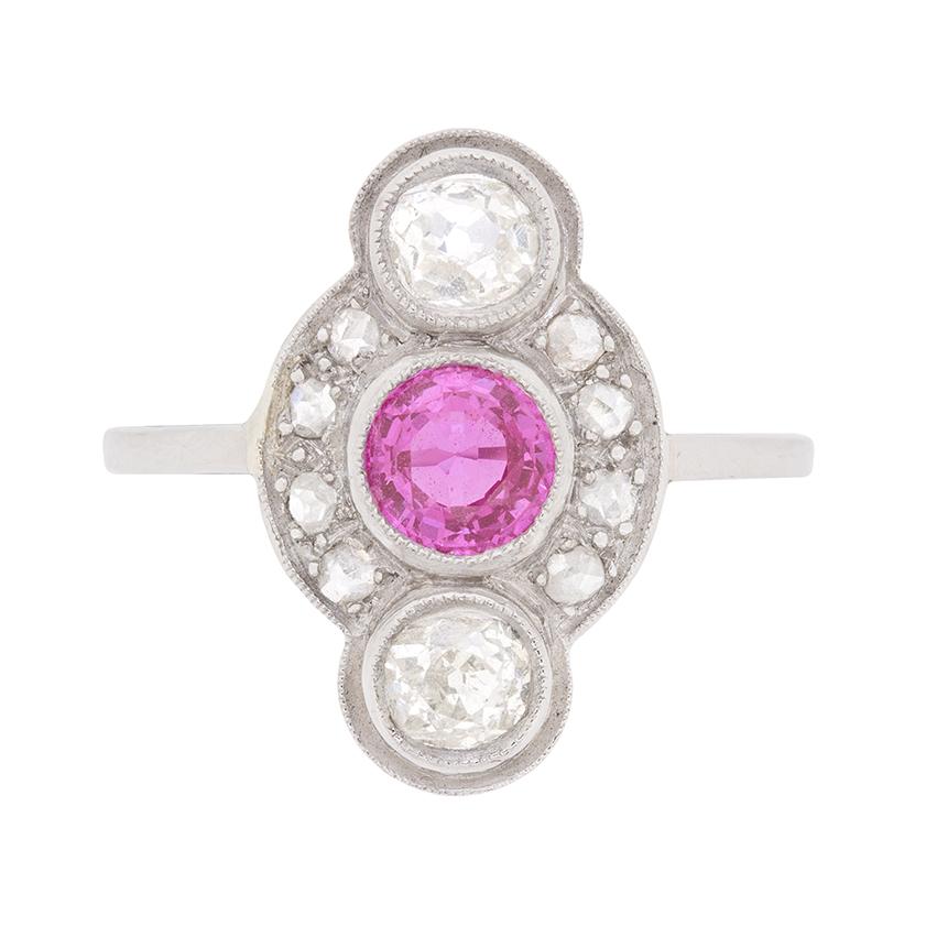 Vintage Pink Tourmaline and Old and Rose Cut Diamond Ring, circa 1940s