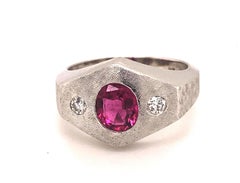 Vintage Pink Tourmaline Diamonds Brushed Finish 14k White Gold Men's Ring