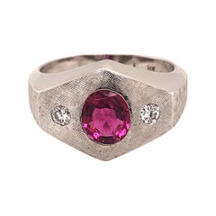 Vintage Pink Tourmaline Diamonds Brushed Finish 14k White Gold Men's Ring