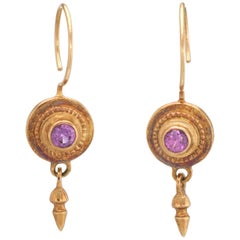 Vintage Pink Tourmaline Drop Earrings Etruscan Style 18 Karat Yellow Gold Estate