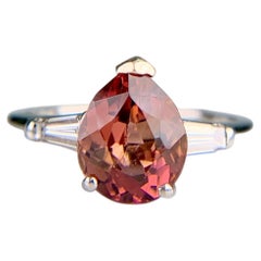 Vintage Pink Tourmaline Pear and Diamond Baguette Ring Platinum