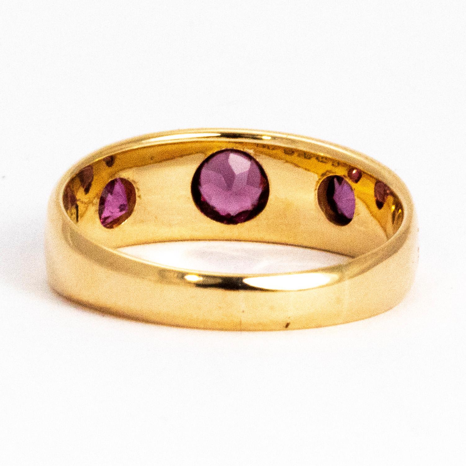 Modern Vintage Pink Tourmaline Three-Stone 18 Carat Gold Band Ring