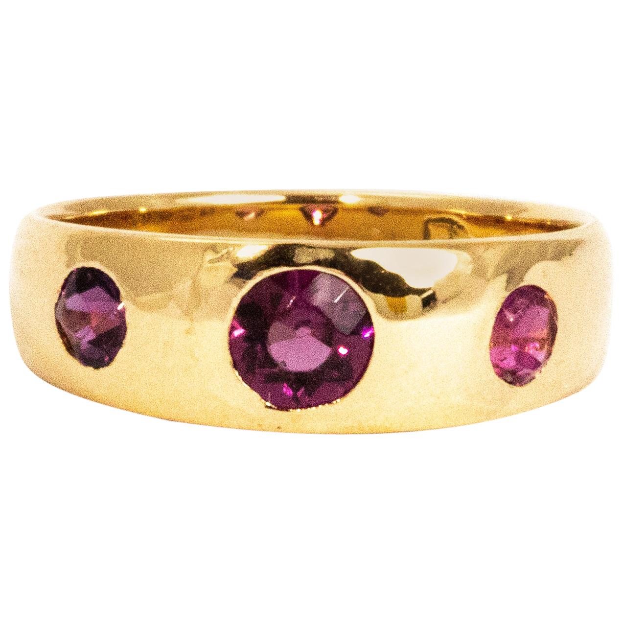 Vintage Pink Tourmaline Three-Stone 18 Carat Gold Band Ring