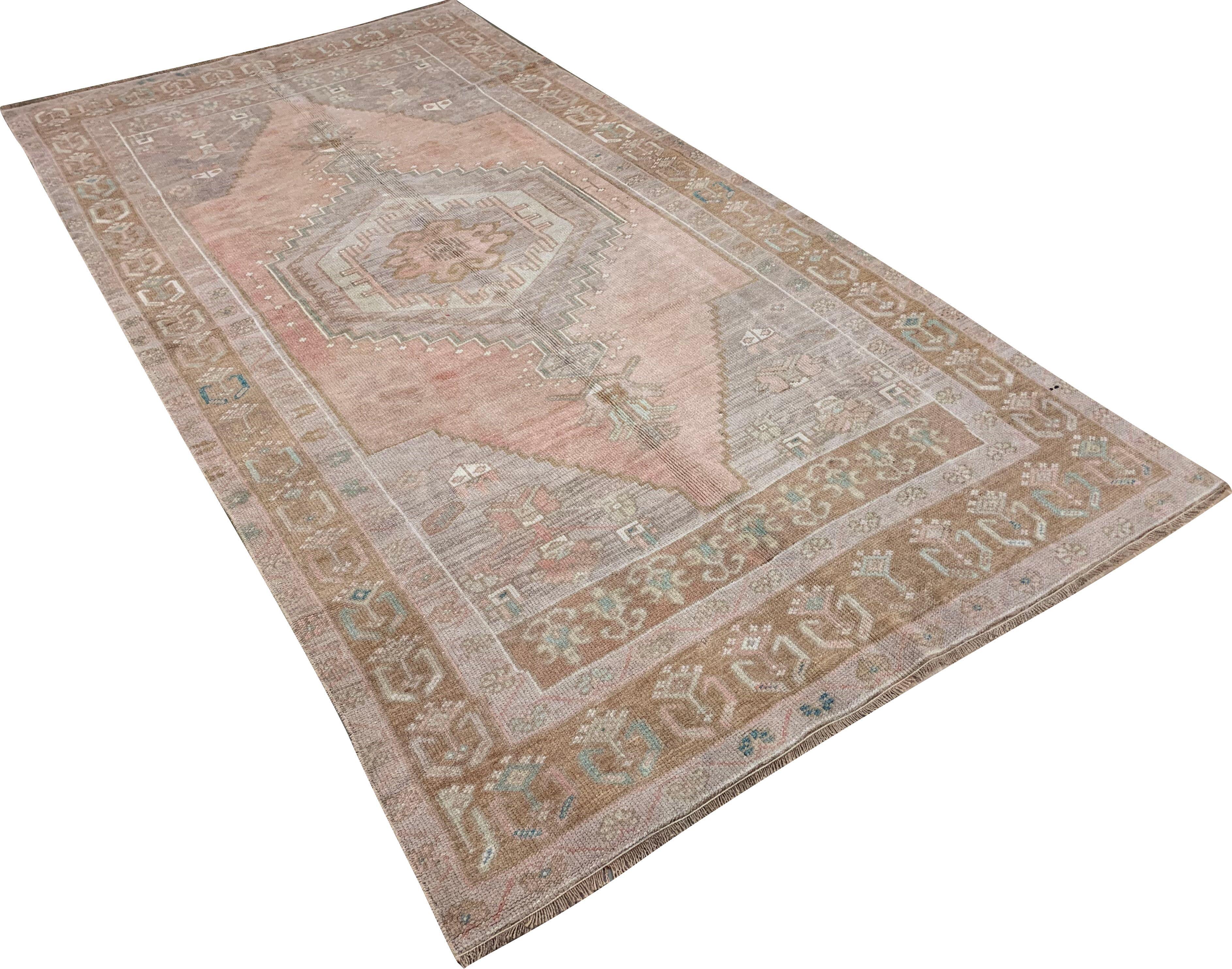 Wool Vintage Pink Turkish Oushak Area Rug 4'5 x 8'4 For Sale