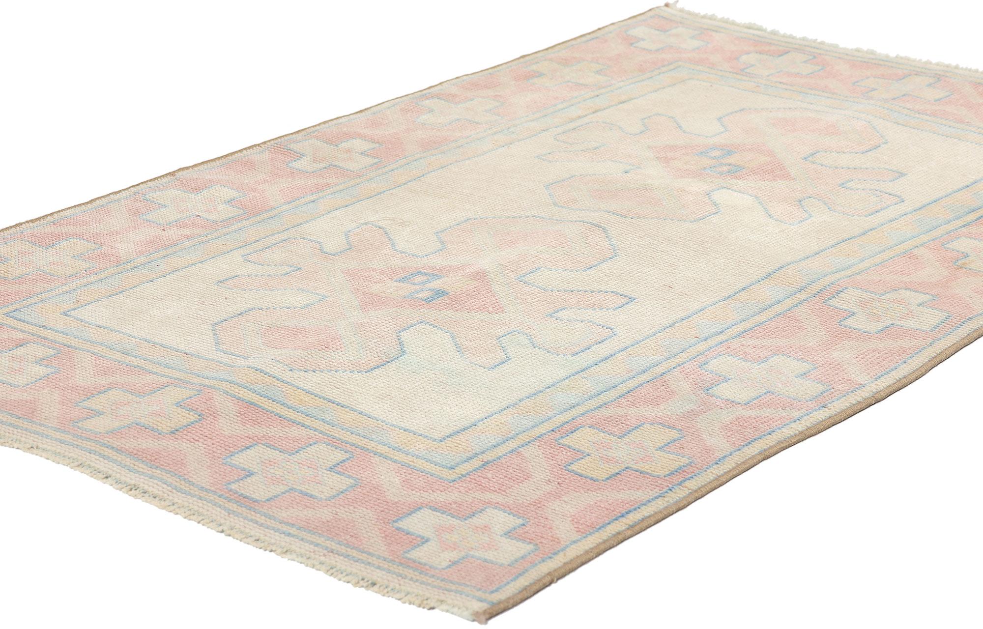 53930 Vintage Turkish Pink Oushak Rug, 02'08 x 04'04. Turkish Oushak rugs, hailing from the Western region of Oushak in Turkey, have earned acclaim for their intricate patterns, gentle color schemes, and premium wool materials. Noted for their