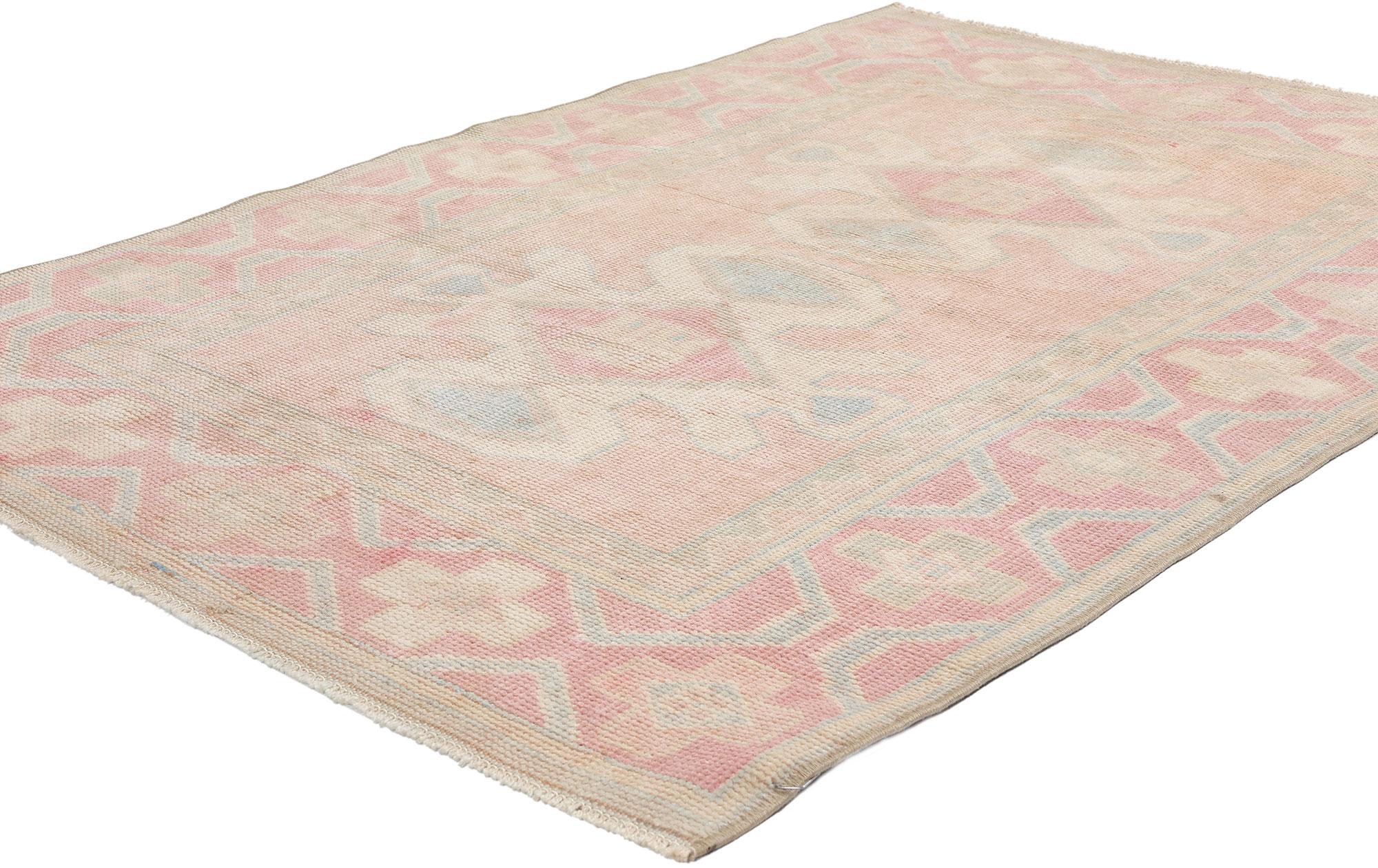 53931 Vintage Pink Turkish Oushak Rug, 02'11 x 04'04. Emerging from the Western expanse of Oushak in Turkey, Turkish Oushak rugs have earned widespread acclaim for their intricate designs, subtle color palettes, and premium wool materials. Renowned