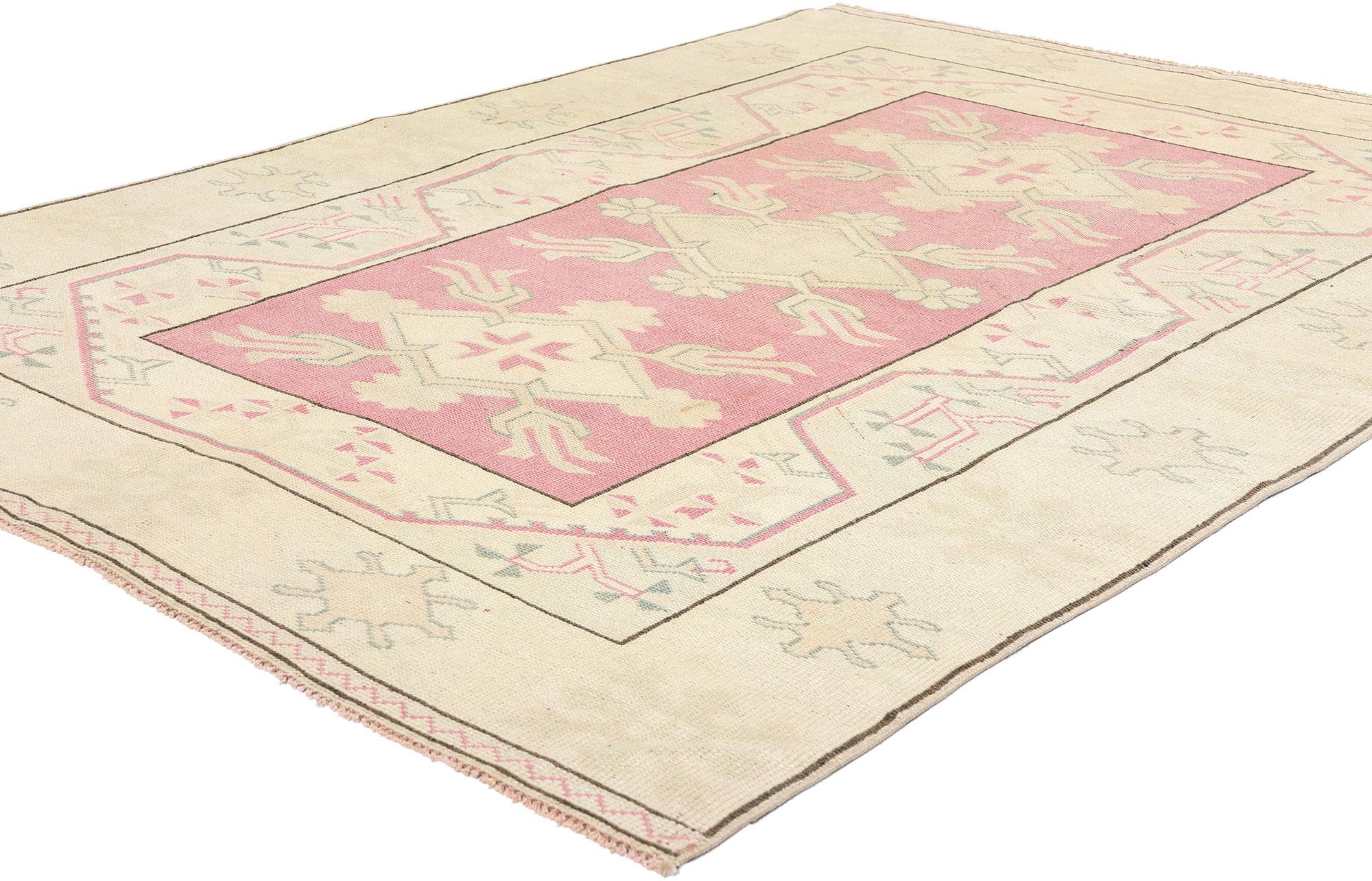 53934 Vintage Pink Turkish Oushak Rug, 05'00 x 06'10. Antique-washed Turkish Oushak rugs undergo a special washing process to achieve a vintage aesthetic, characterized by soft, muted colors that mimic the natural fading of aged rugs. This technique