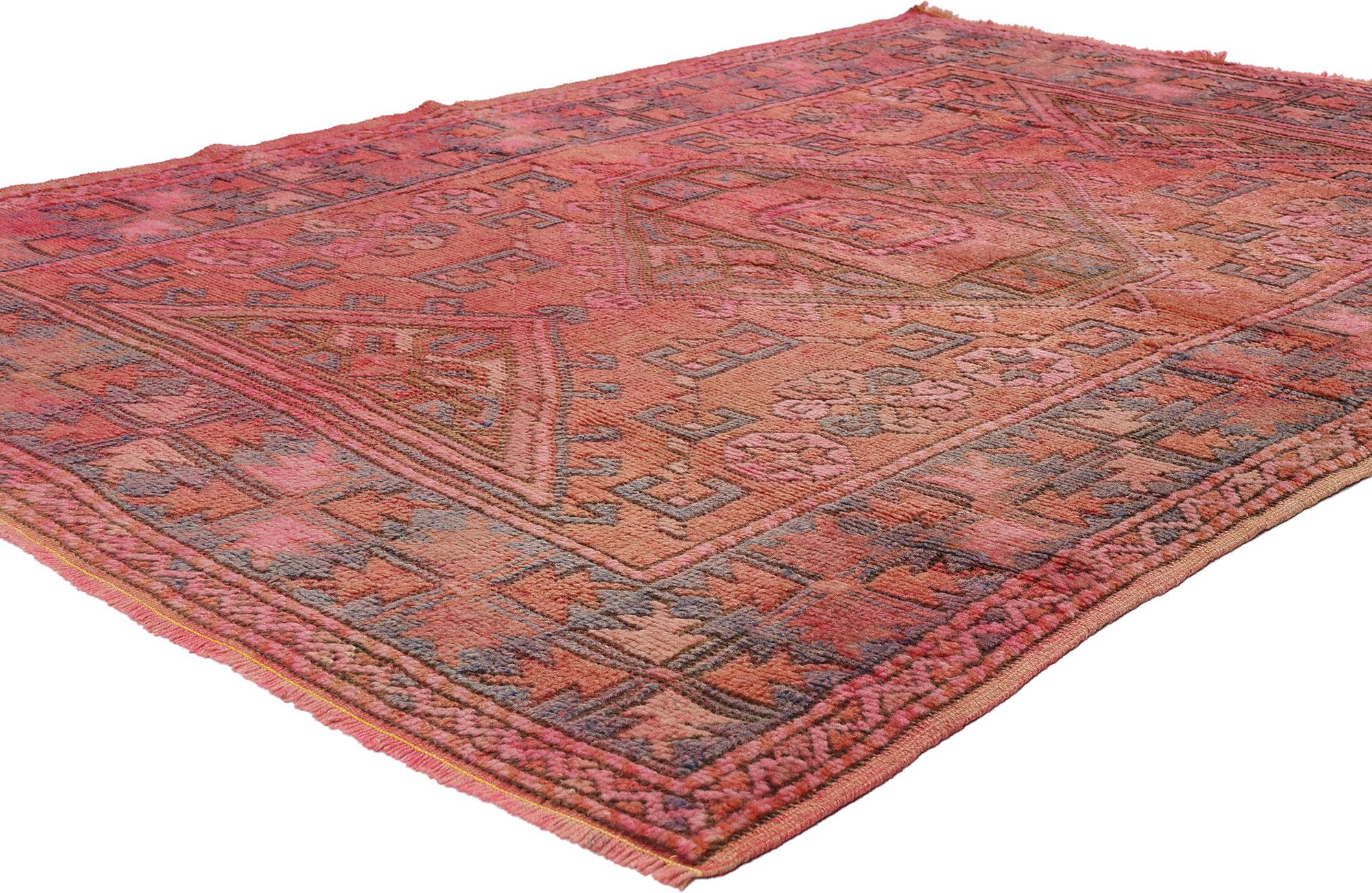 53898 Vintage Pink Turkish Oushak Rug, 04'04 x 06'00. Overdyed Turkish Oushak rugs originate from the Oushak region in western Turkey and undergo a specialized dyeing process to achieve vibrant, modern colors while retaining their traditional