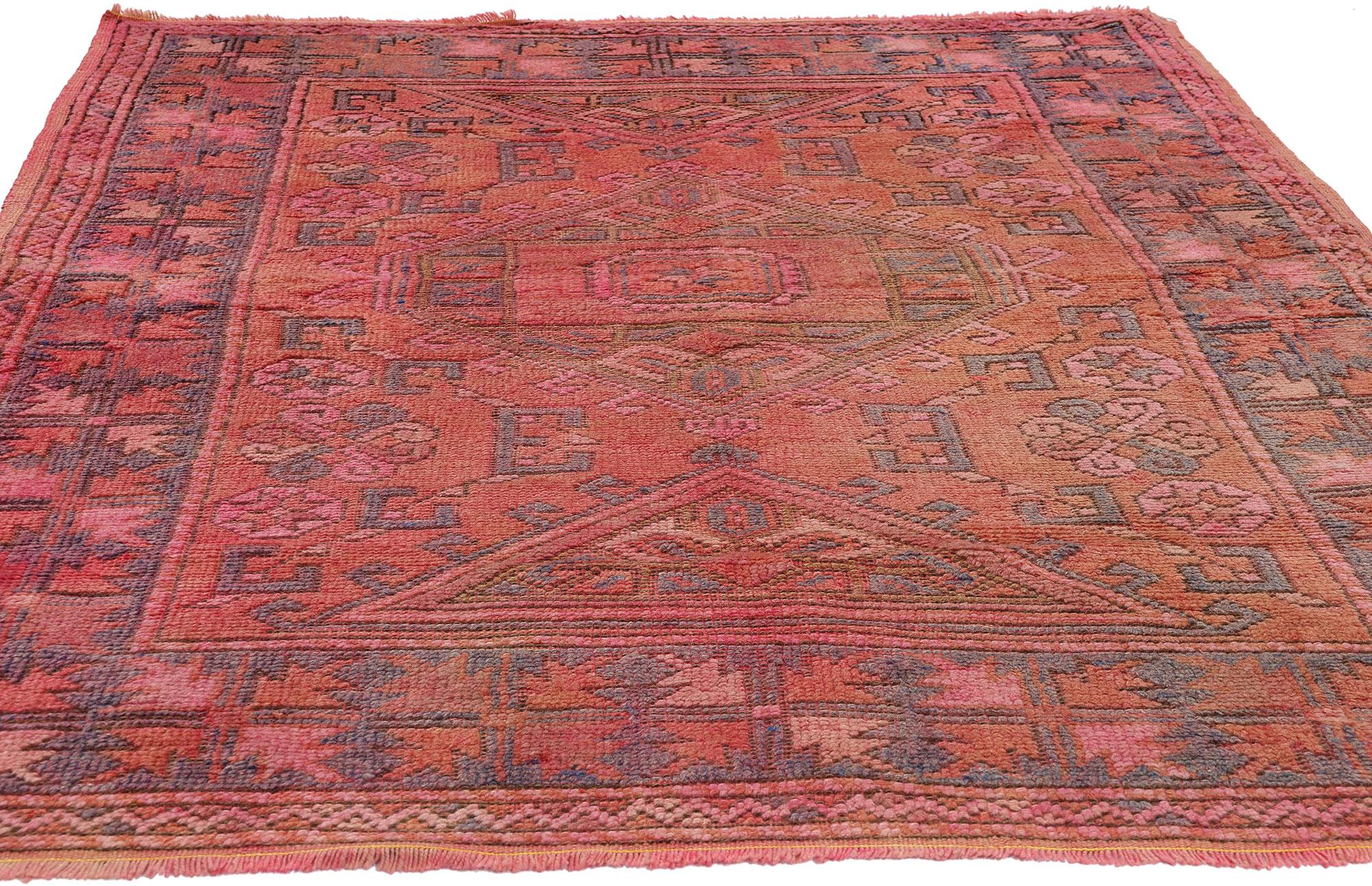 Hand-Knotted Vintage Pink Turkish Oushak Rug, Global Bohemian Meets Tribal Enchantment For Sale