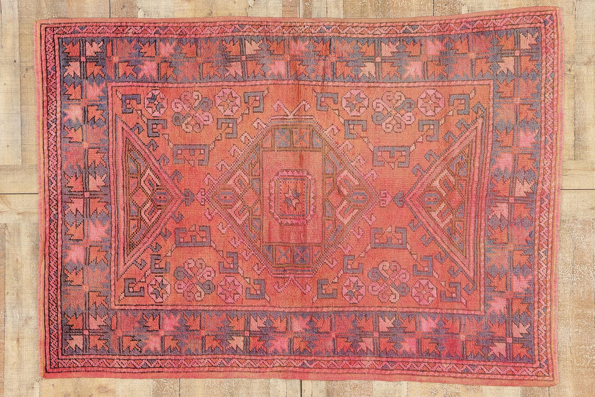 Wool Vintage Pink Turkish Oushak Rug, Global Bohemian Meets Tribal Enchantment For Sale