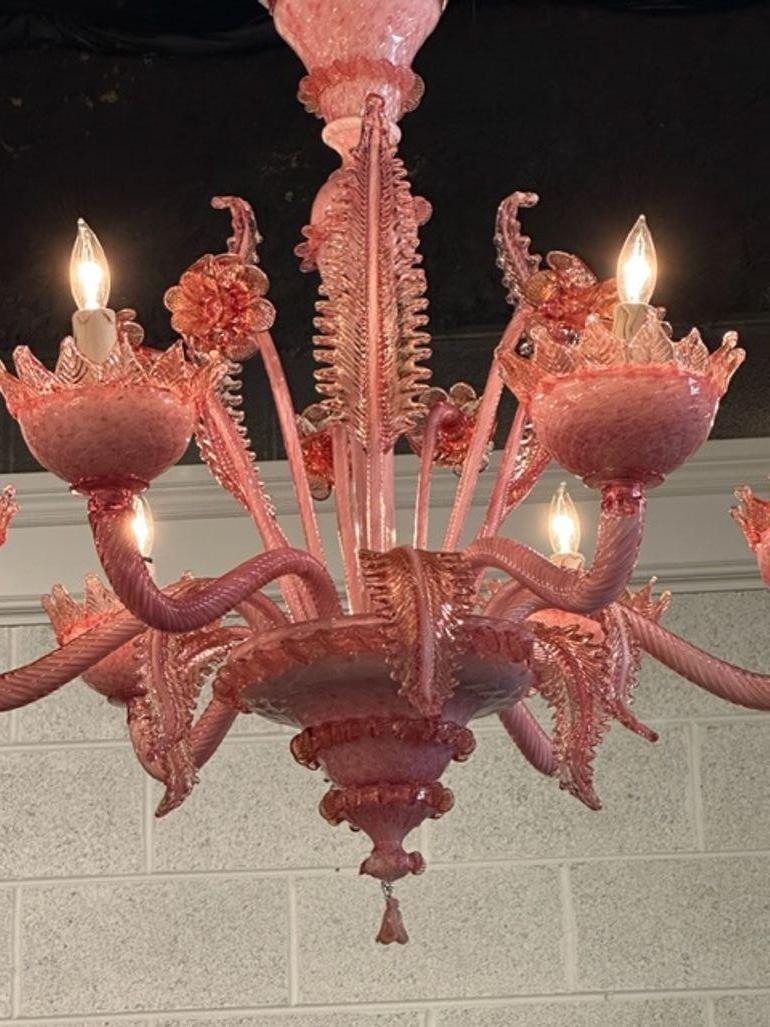 Vintage Pink Venetian Glass Chandelier In Good Condition In Dallas, TX