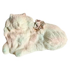 Vintage Rosa Weiß und Grün Keramik Katze Skulptur