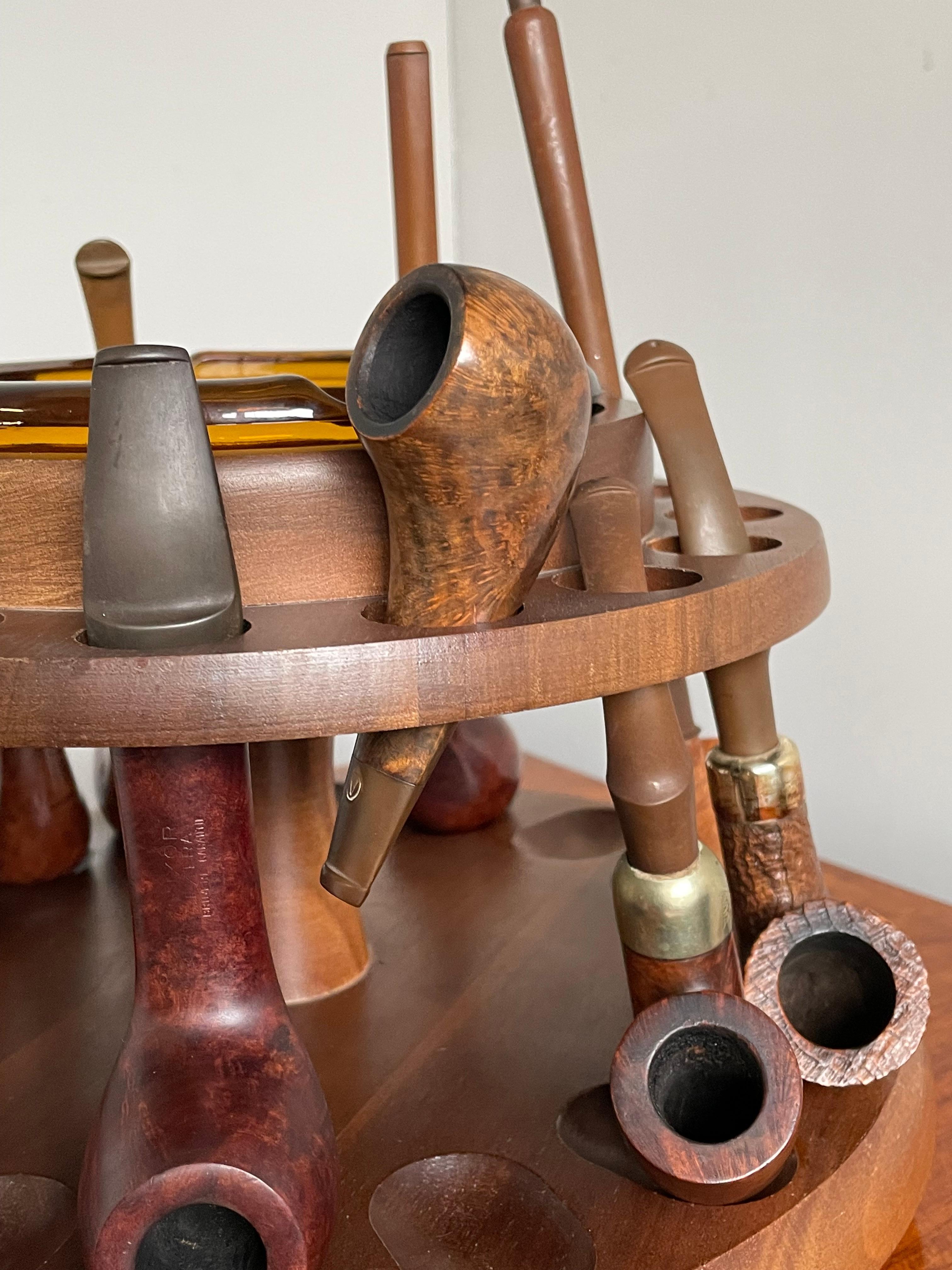 Hand-Crafted Vintage Pipe Stand / Midcentury Table Pipe Carousel with Ashtray & Eleven Pipes