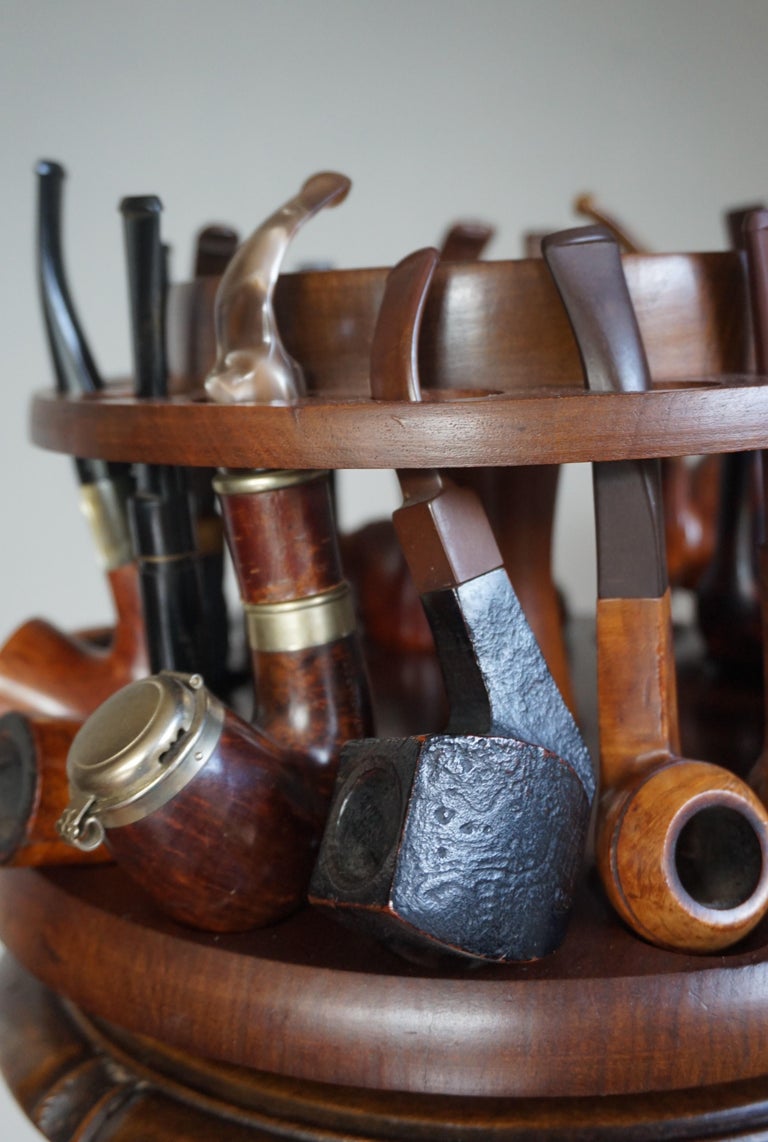 Vintage Pipe Stand or Table with Antique Tobacco Box and Midcentury