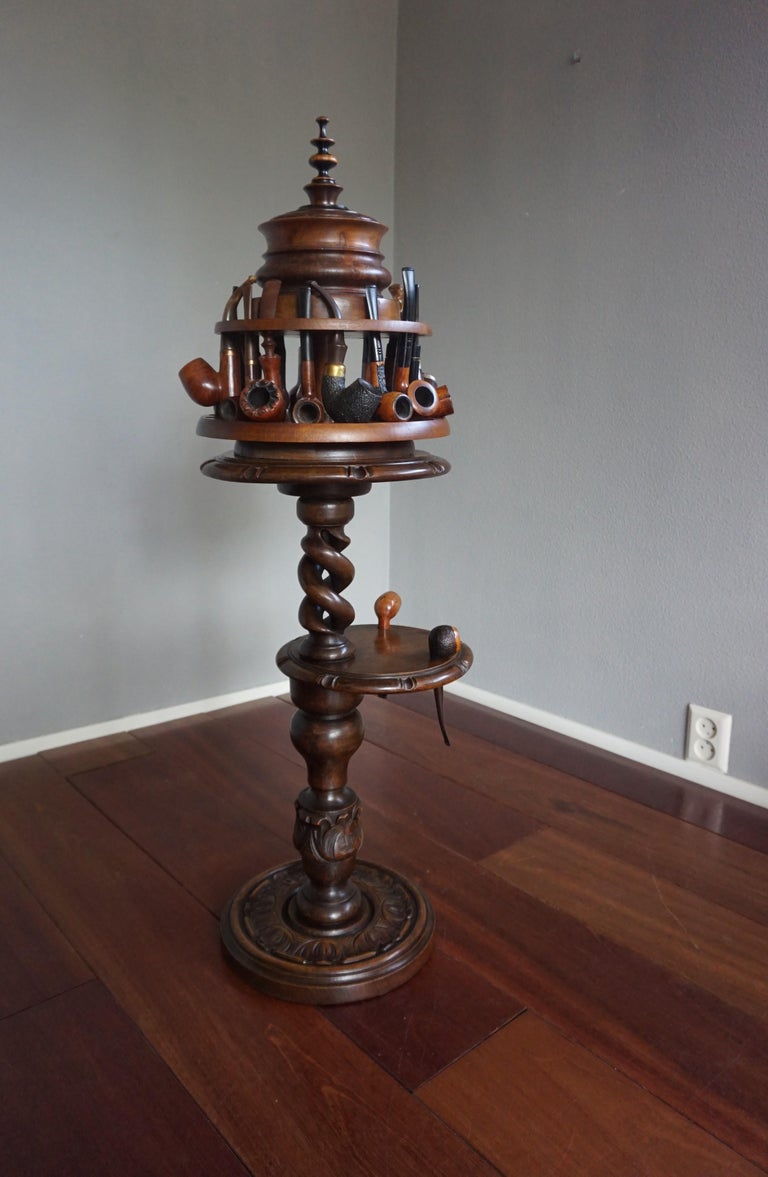 Vintage Pipe Stand or Table with Antique Tobacco Box and Midcentury