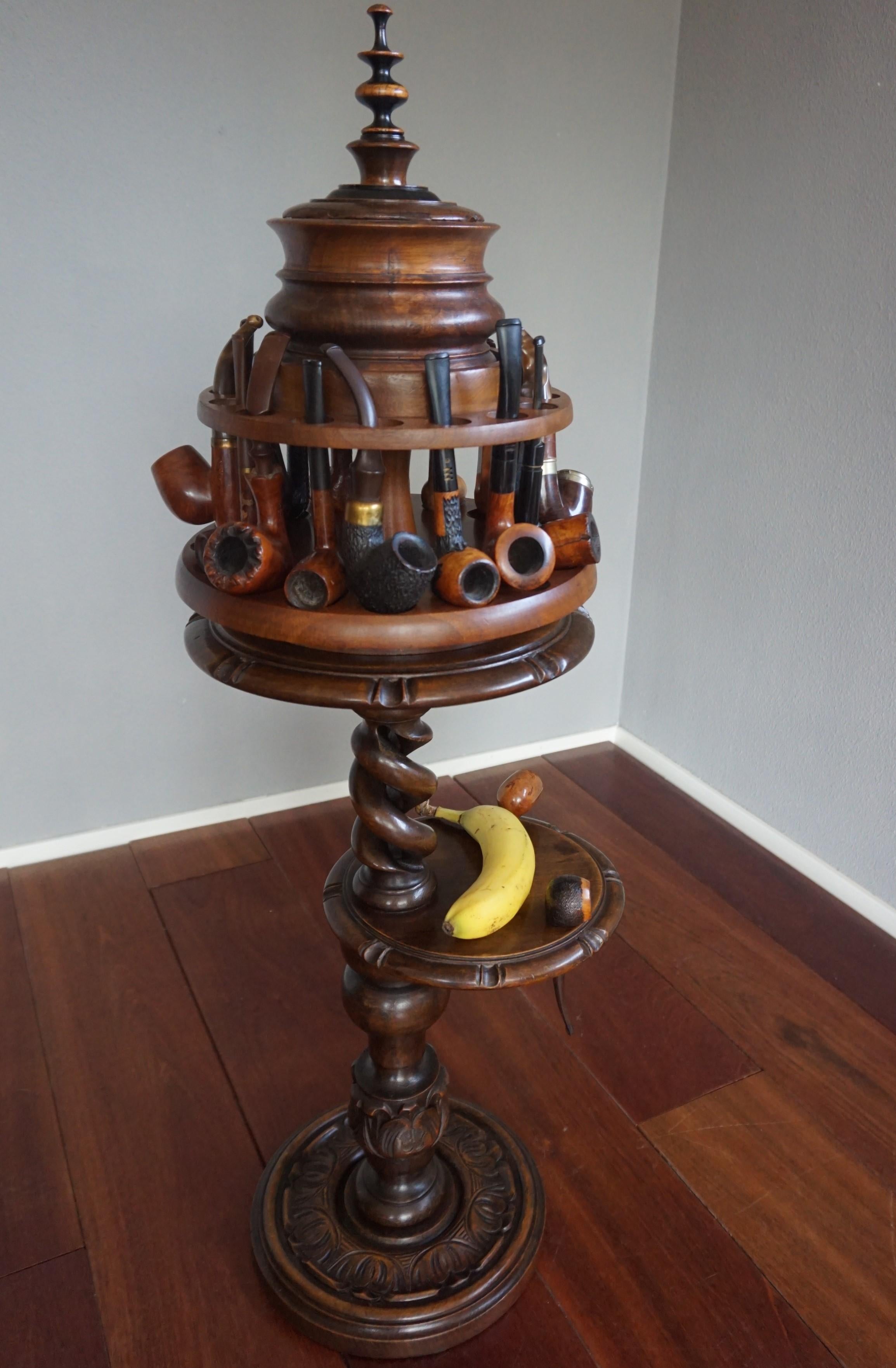 Hand-Carved Vintage Pipe Stand or Table with Antique Tobacco Box & Midcentury Pipe Carousel