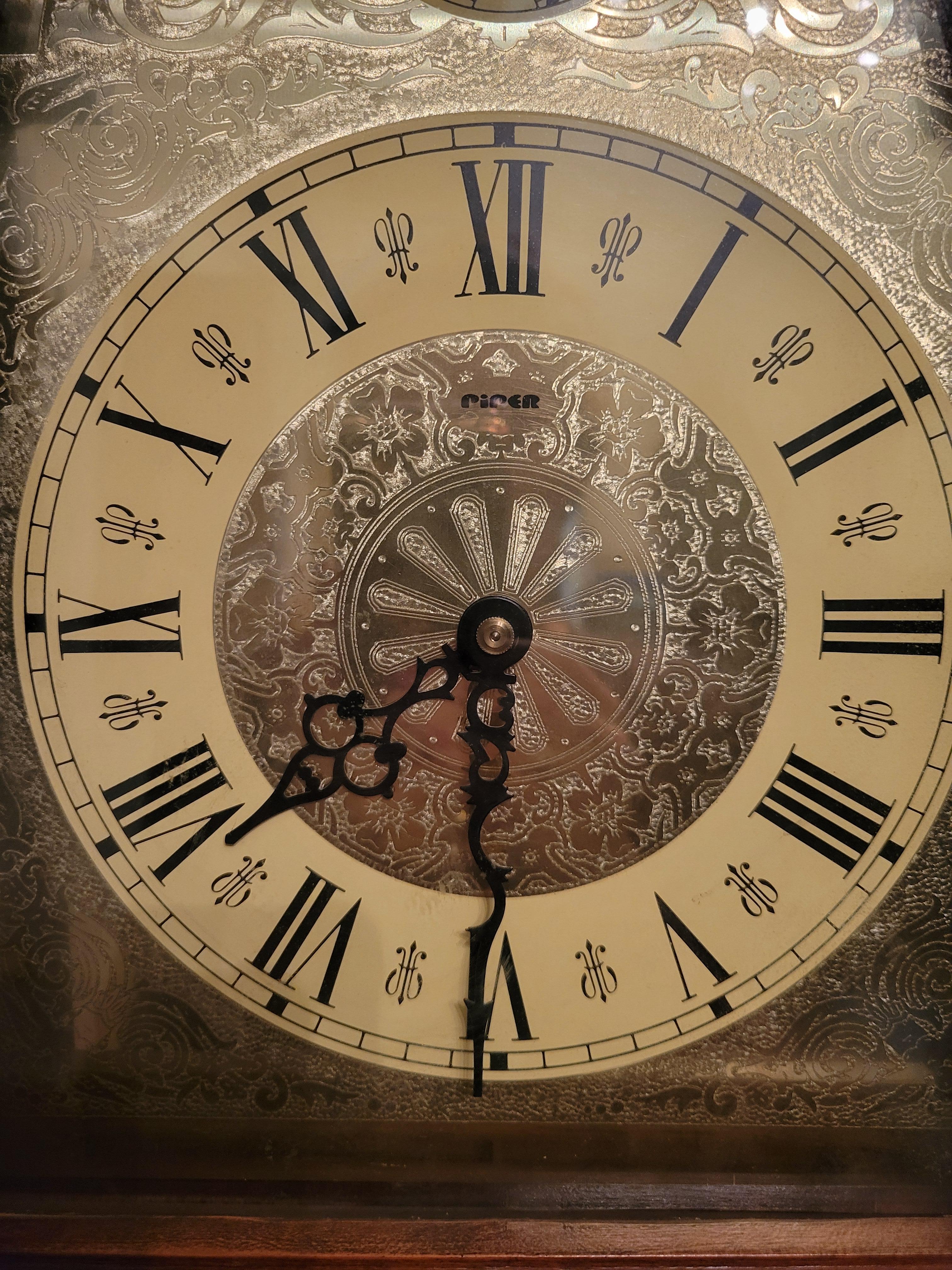 Wood Vintage Piper Grandfather Clock, Hermle Movement with Westminster Chime. For Sale