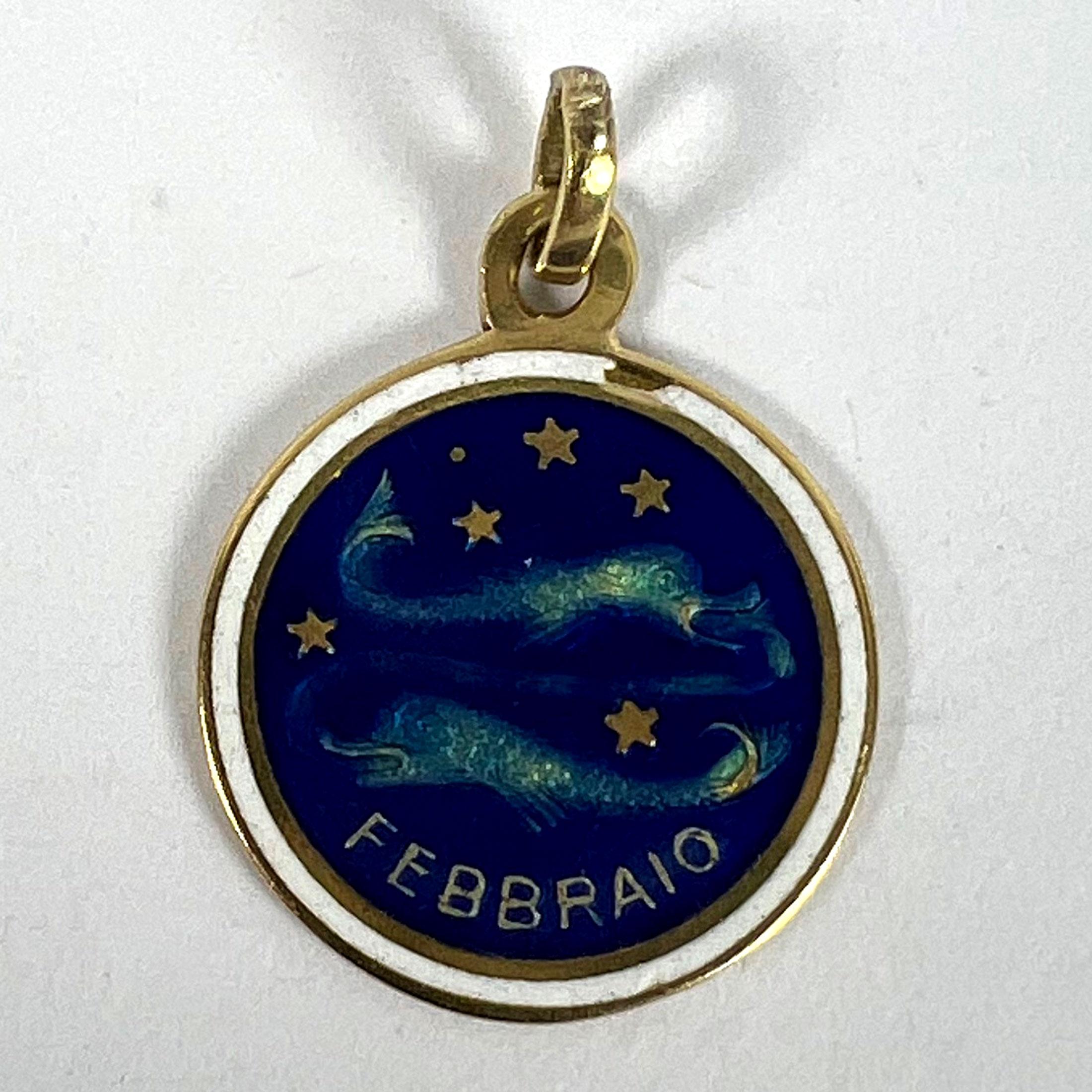 Vintage Pisces Starsign Zodiac 18K Yellow Gold Enamel Charm Medal Pendant For Sale 6