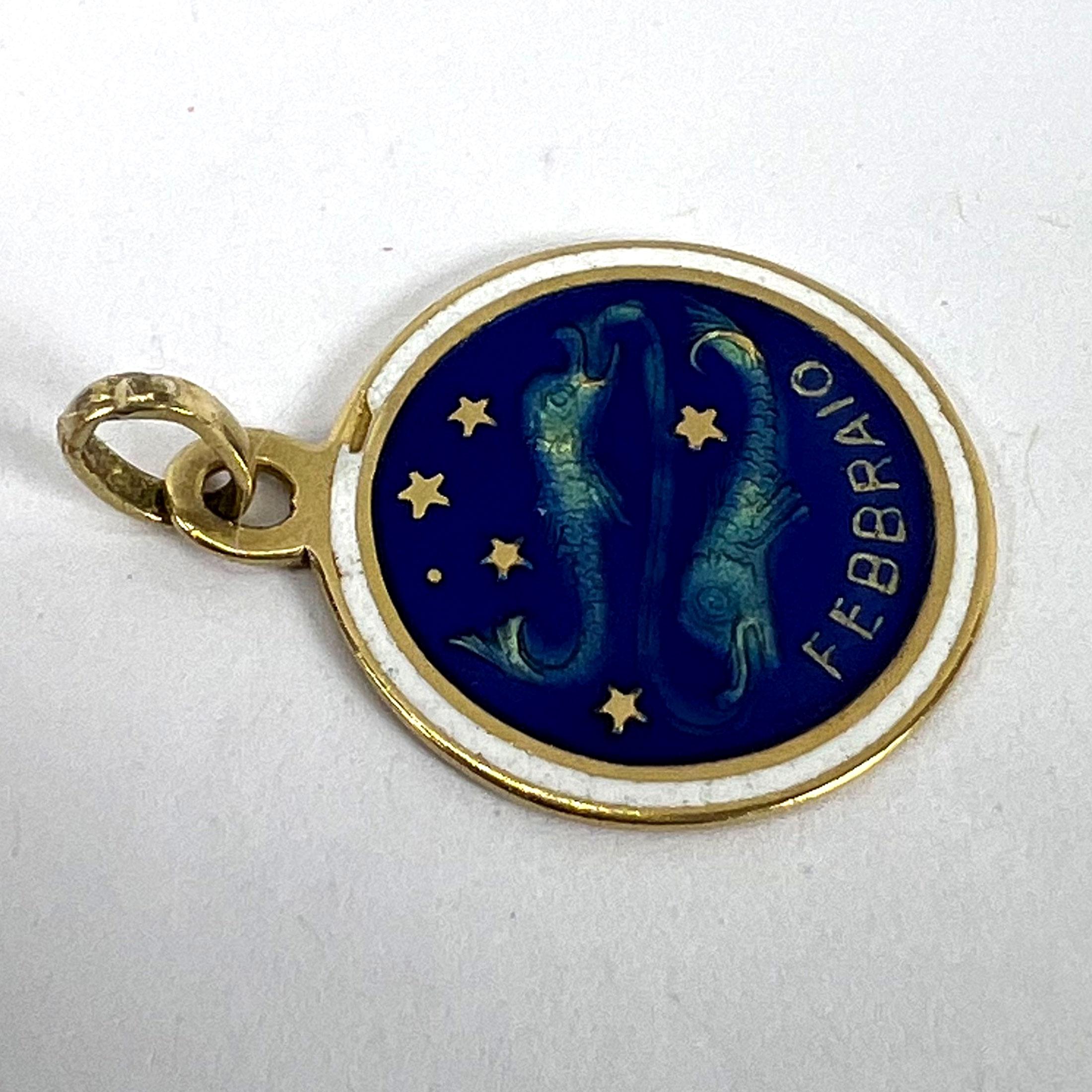 Vintage Pisces Starsign Zodiac 18K Yellow Gold Enamel Charm Medal Pendant For Sale 9