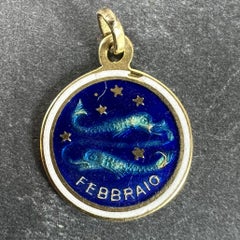 Vintage Pisces Starsign Zodiac 18K Yellow Gold Enamel Charm Medal Pendant