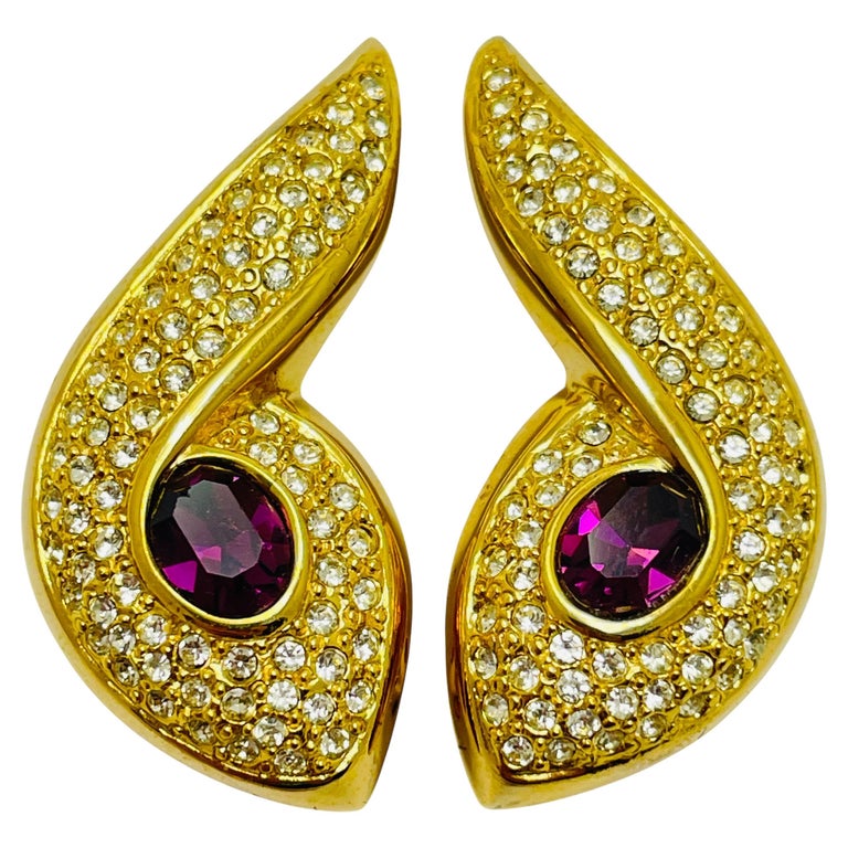 Boucles D'oreilles Vintage Clips – Laiton Et Perles En Verre Violet & Blanc – Occasion