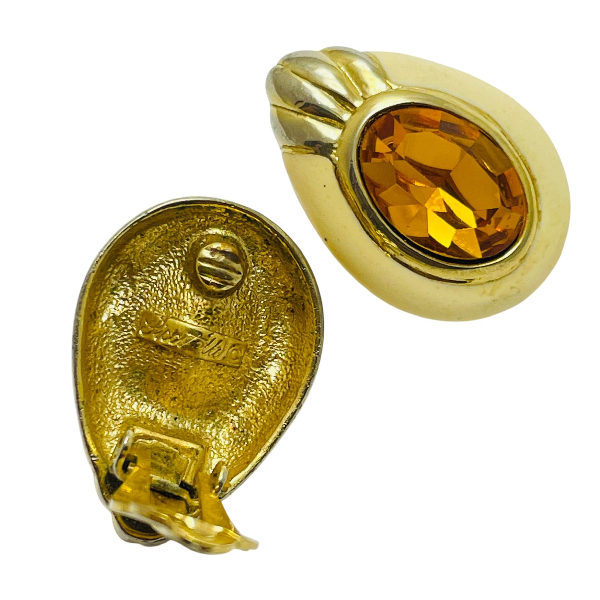 Vintage PISCITELLI signed gold tone enamel citrine glass designer clip earrings In Good Condition For Sale In Palos Hills, IL