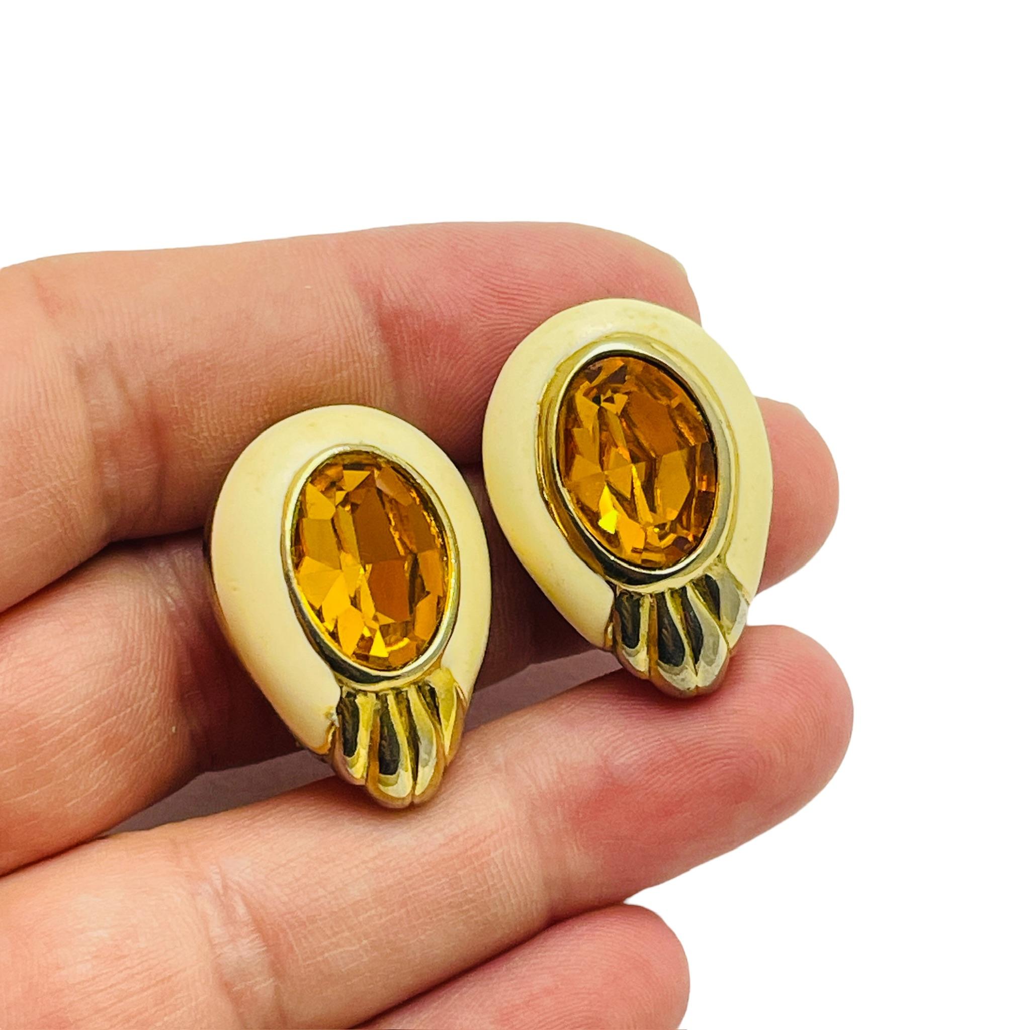 Women's Vintage PISCITELLI signed gold tone enamel citrine glass designer clip earrings For Sale