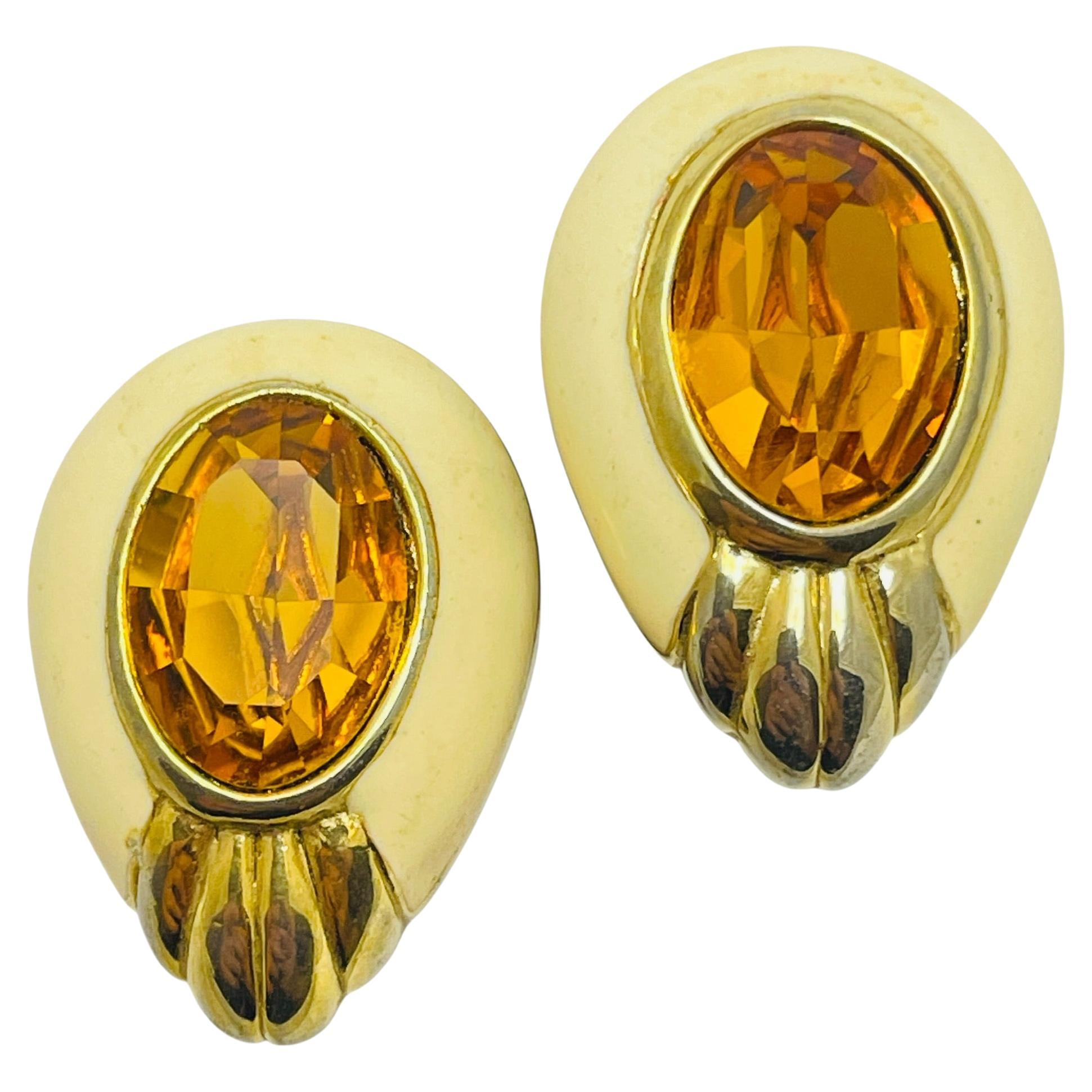 Vintage PISCITELLI signed gold tone enamel citrine glass designer clip earrings For Sale