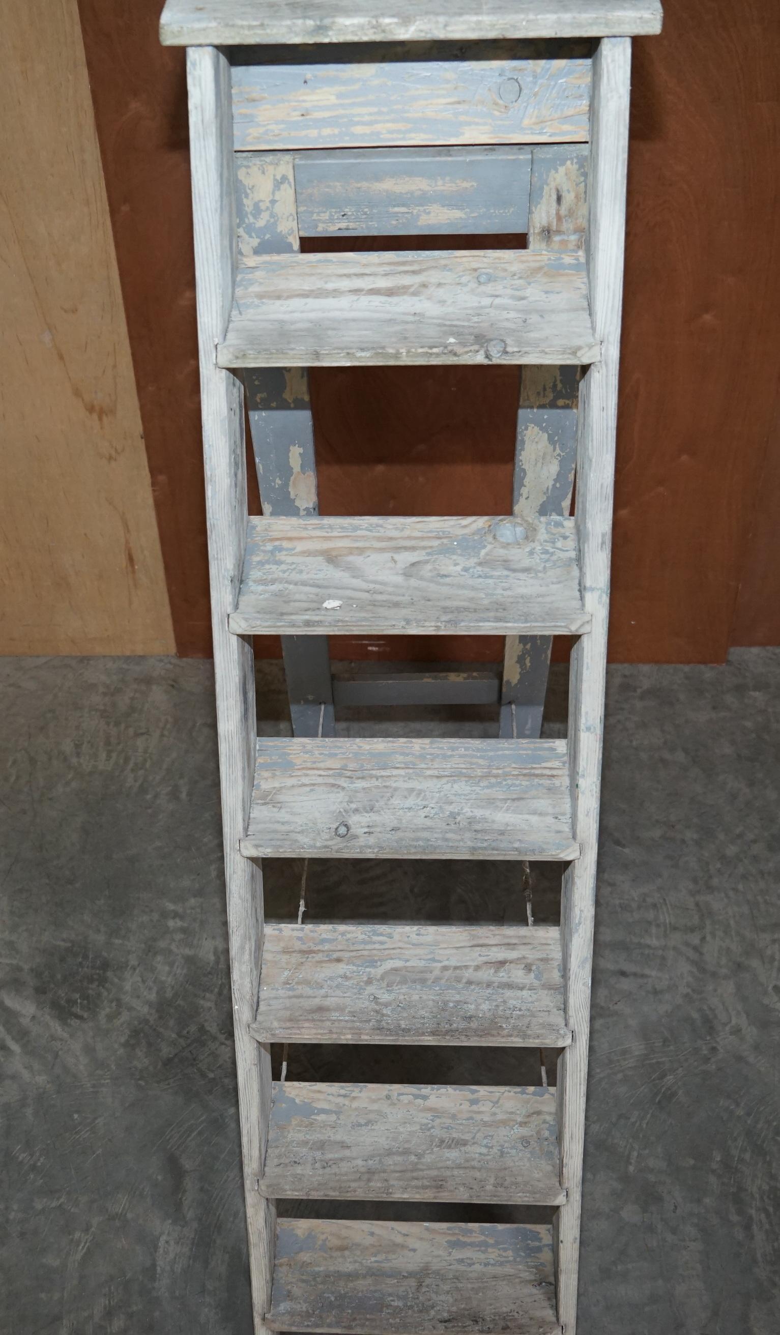 Edwardian Vintage Pitch Pine circa 1920's Original Aqua Blue Paint Decorators Ladder For Sale